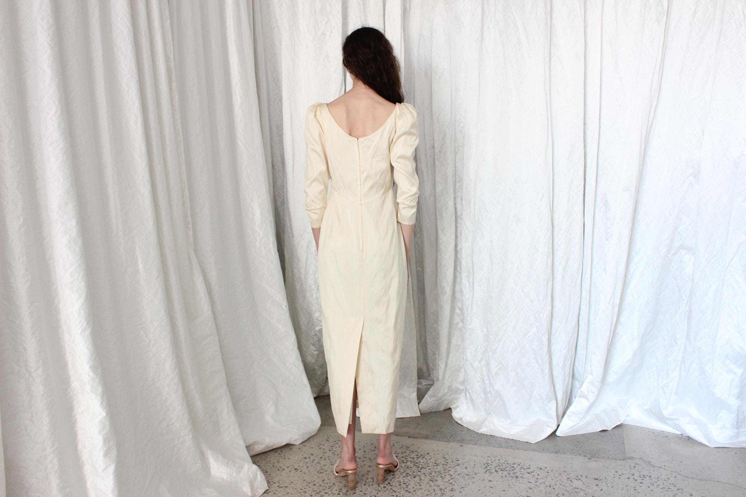 90s Raw Silk Long Sleeve Column Wedding Gown