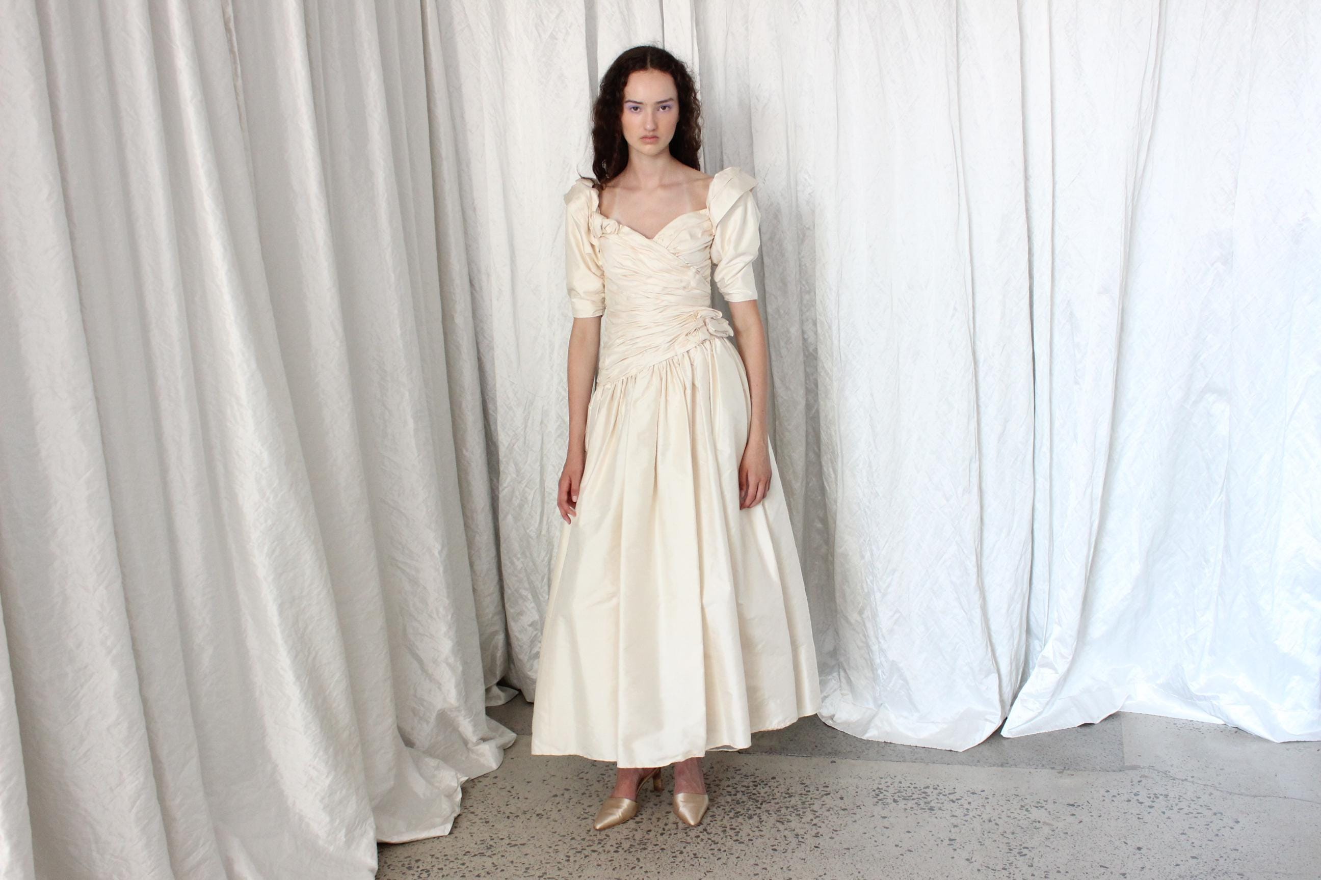80s Raw Silk Taffeta Gathered Puff Sleeve, Drop Waist Wedding Dress