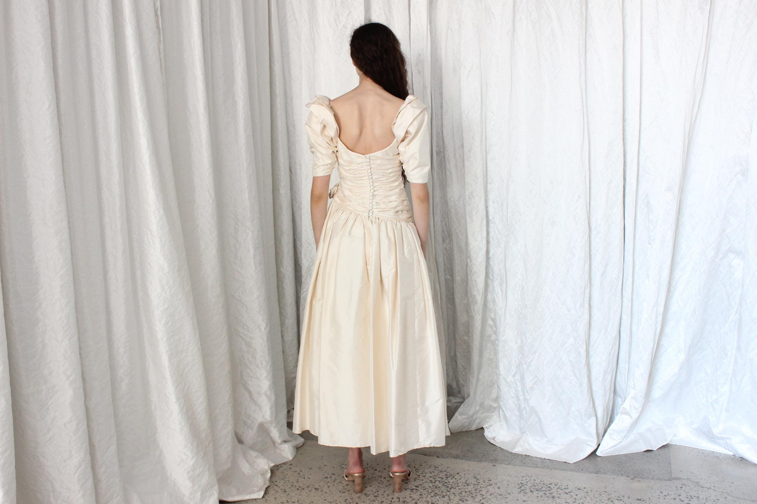 80s Raw Silk Taffeta Gathered Puff Sleeve, Drop Waist Wedding Dress