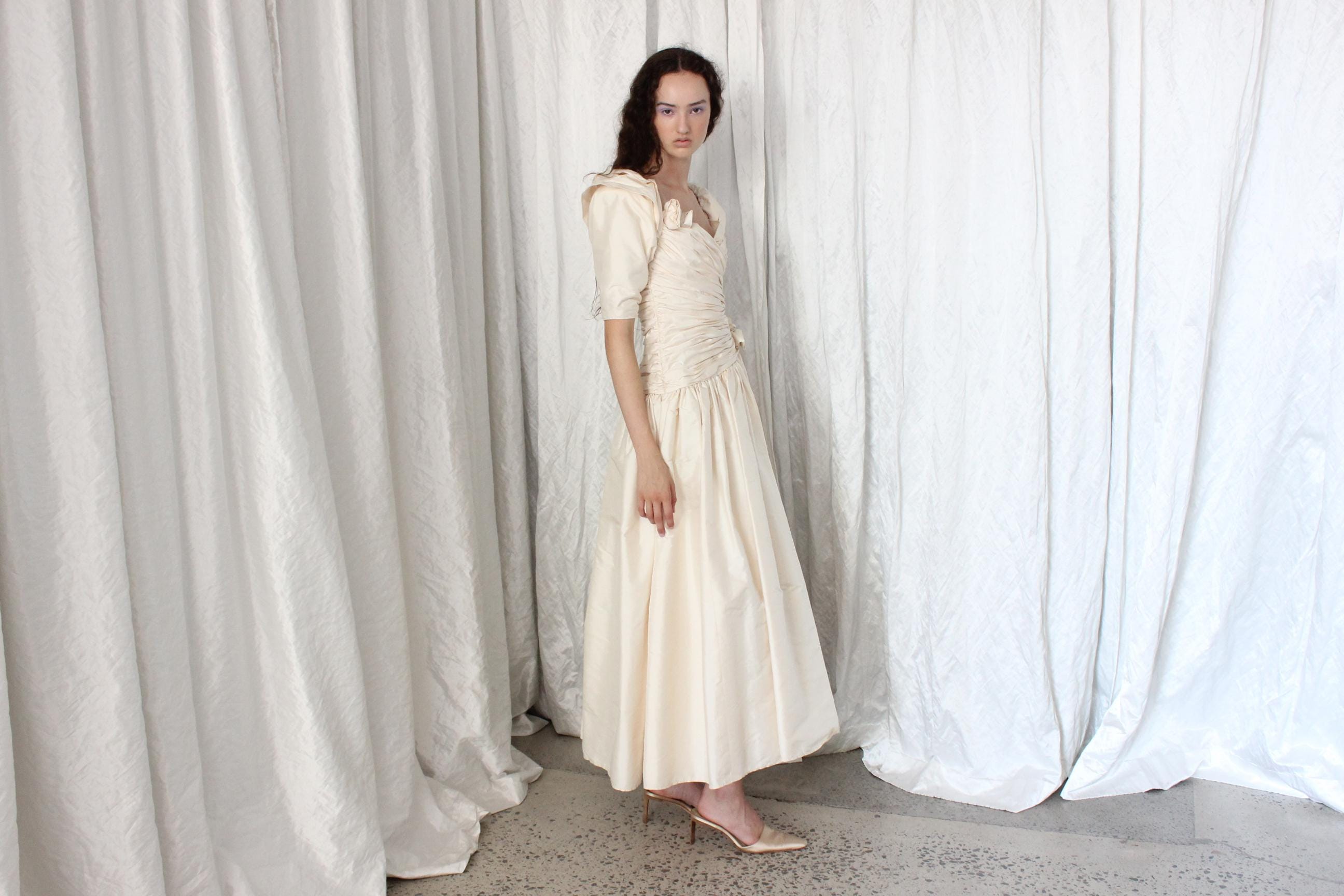 80s Raw Silk Taffeta Gathered Puff Sleeve, Drop Waist Wedding Dress