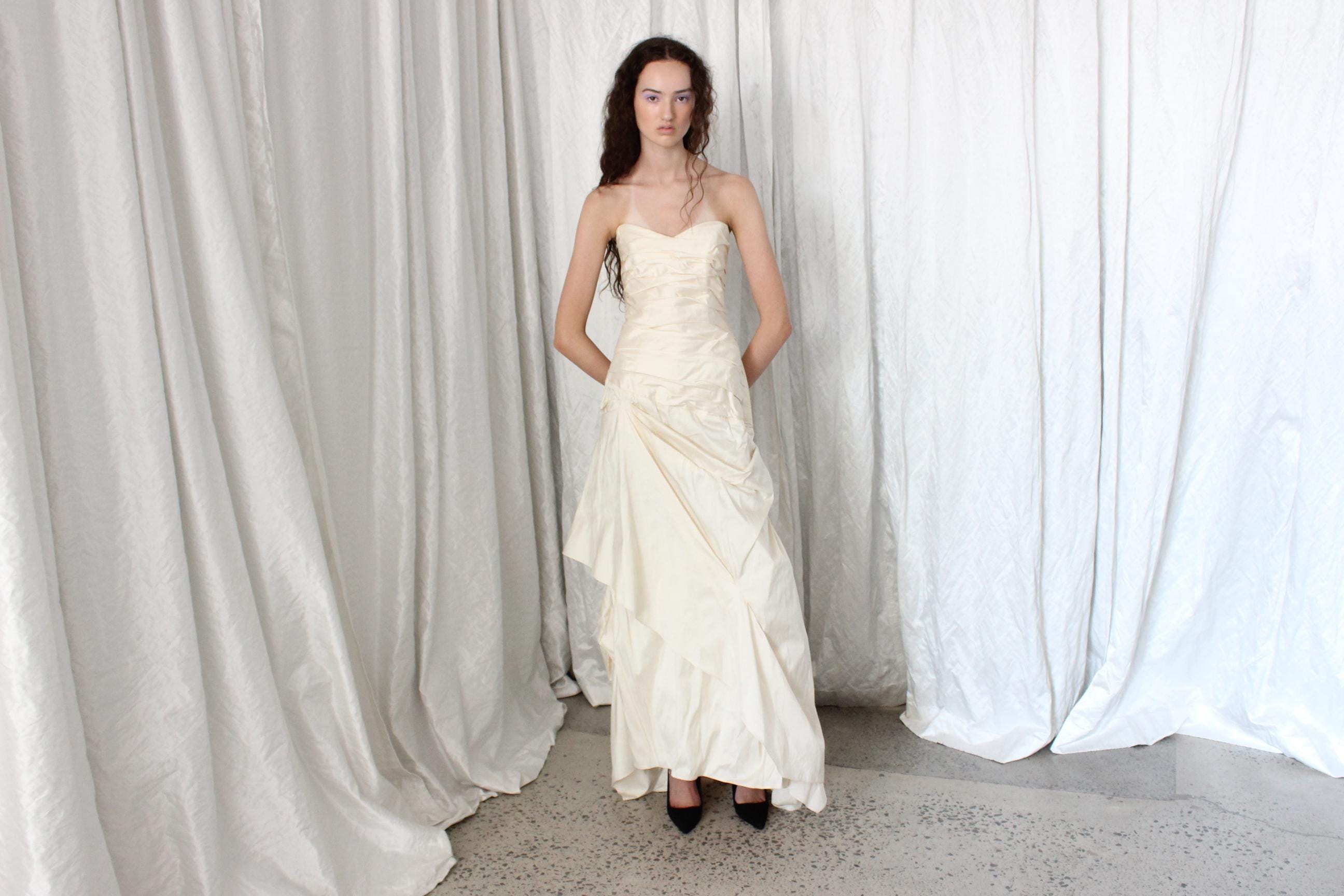 2000s Raw Silk Strapless Gathered & Tucked Gown