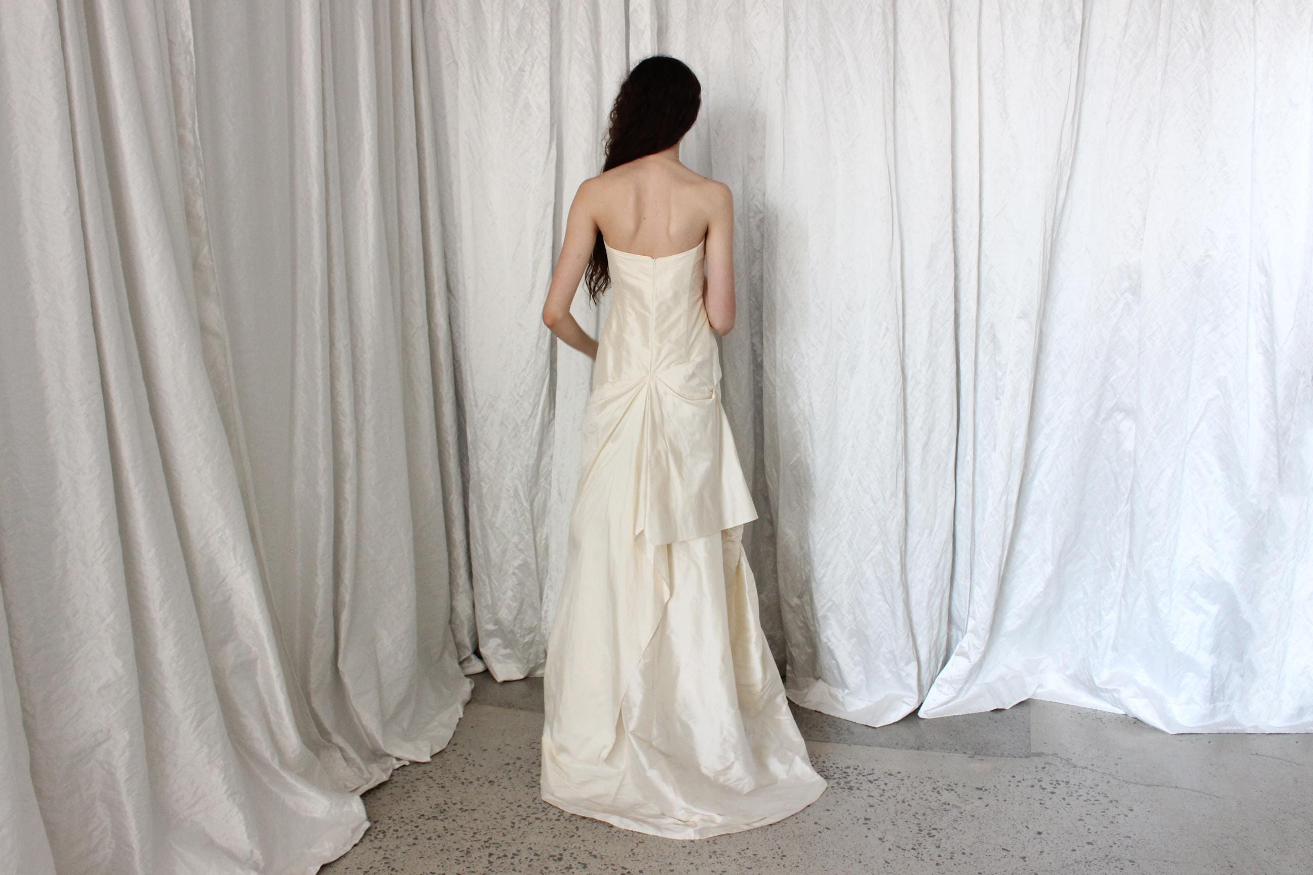 2000s Raw Silk Strapless Gathered & Tucked Gown