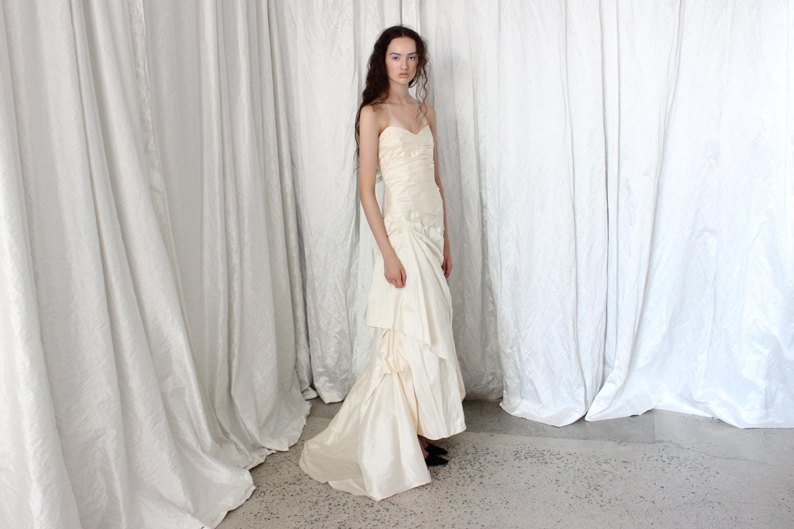 2000s Raw Silk Strapless Gathered & Tucked Gown