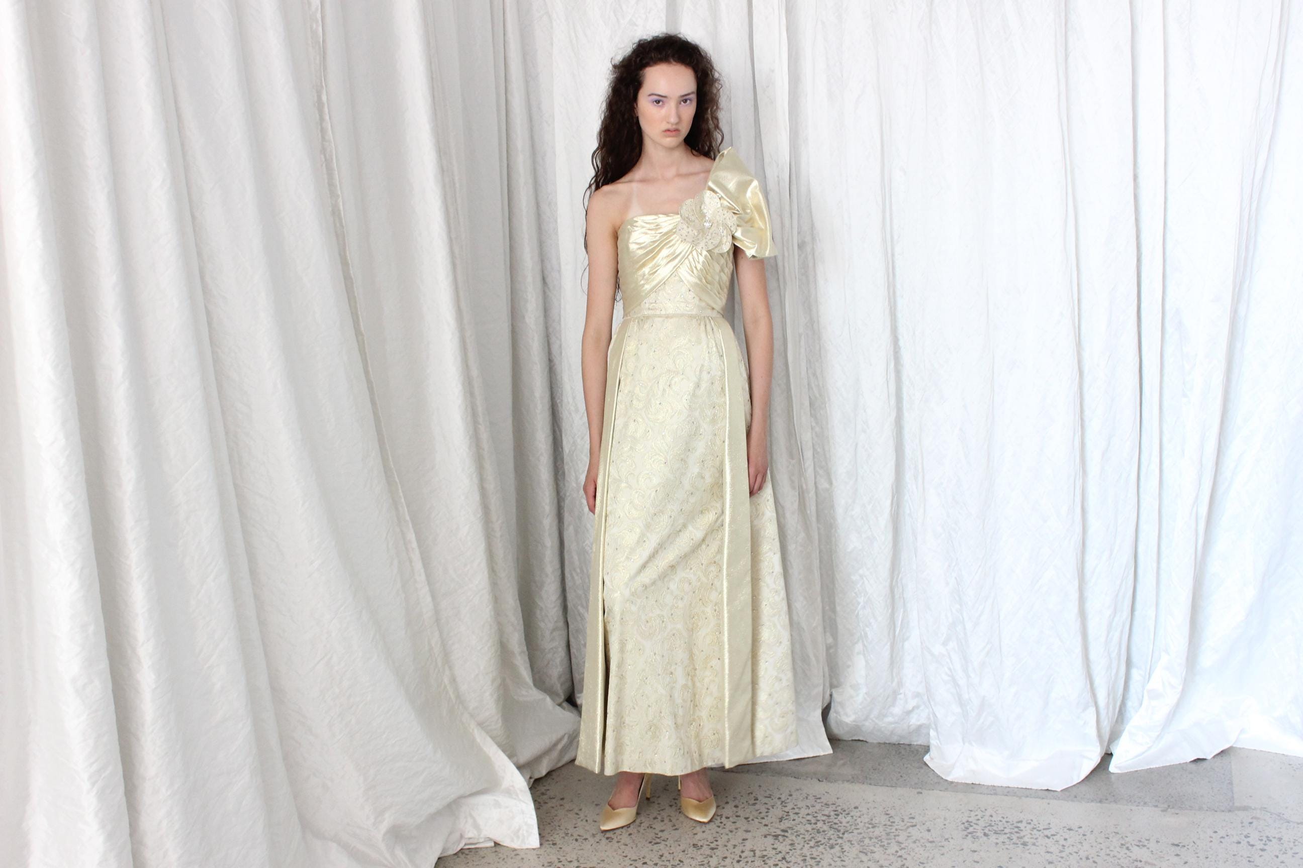 1980s Gold Hollywood Glamour Gown by Rose Taft Couture