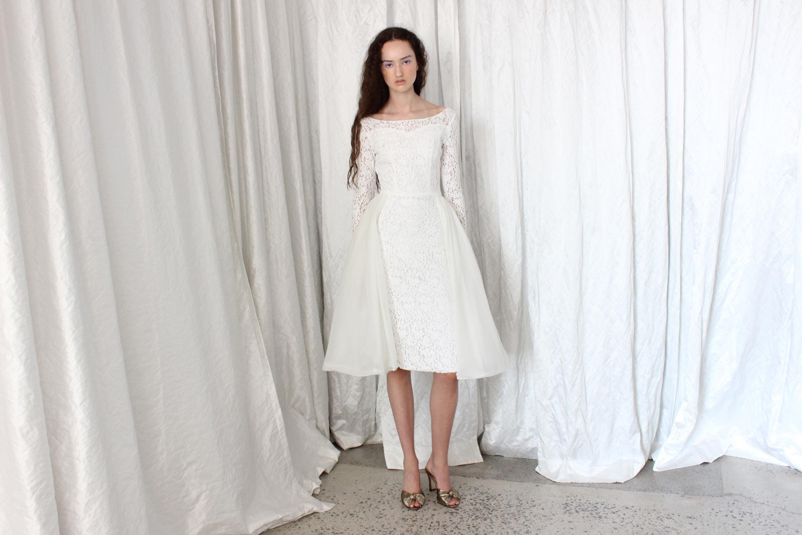 Dreamy 50s White Lace & Nylon Skirt Long Sleeve Cocktail Dress
