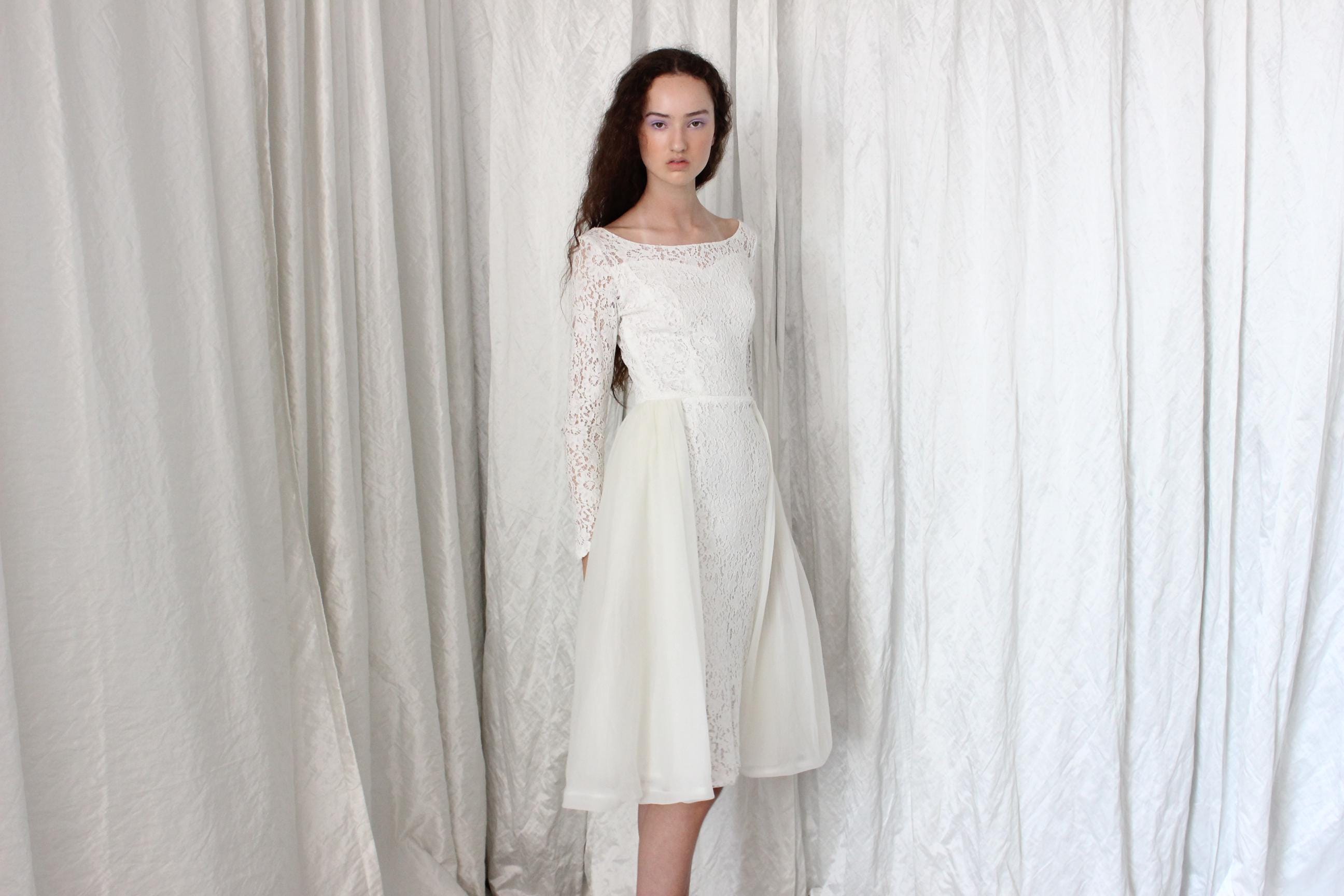 Dreamy 50s White Lace & Nylon Skirt Long Sleeve Cocktail Dress
