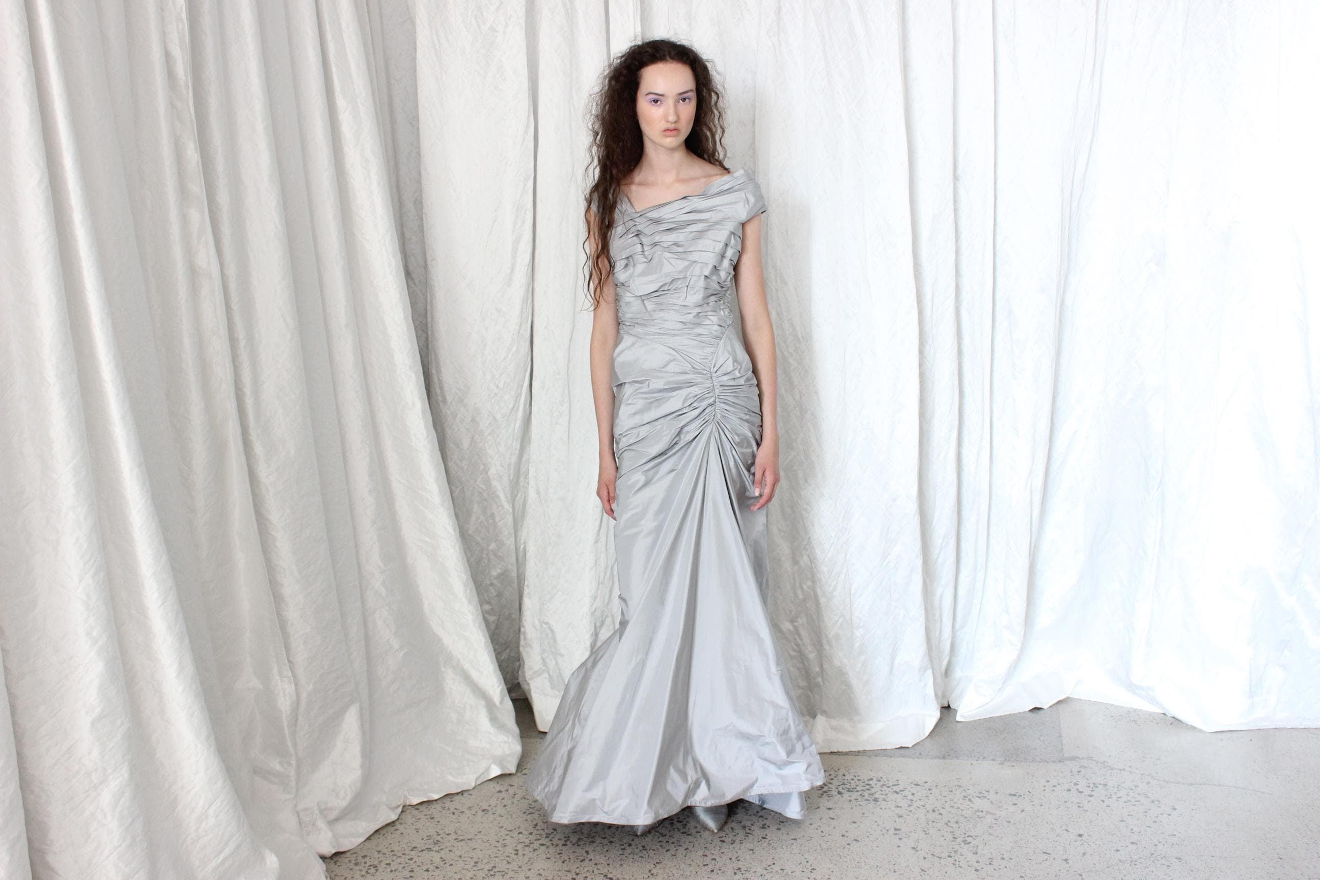 2000s TADASHI Silk Taffeta Ruched Mermaid Gown