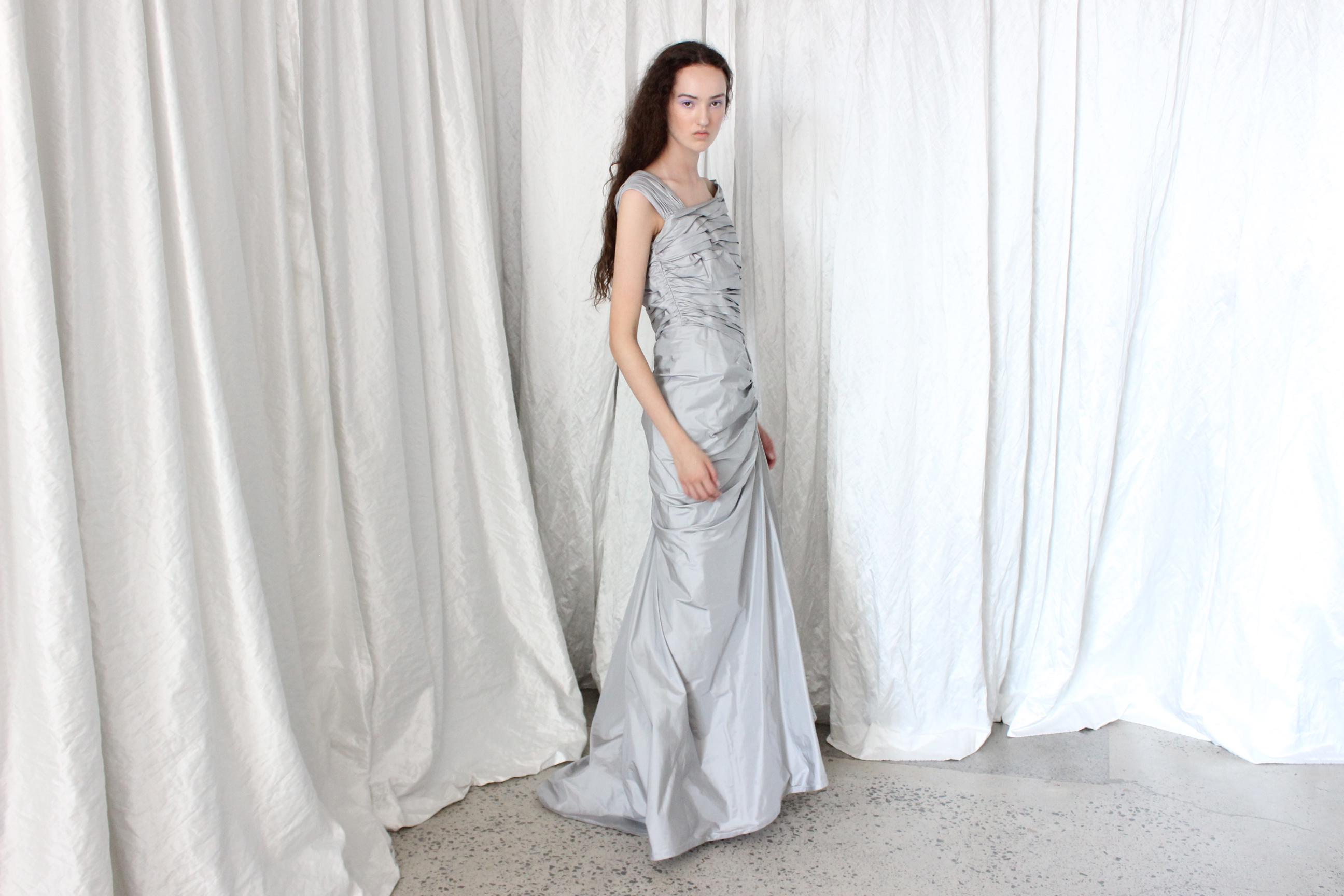 2000s TADASHI Silk Taffeta Ruched Mermaid Gown