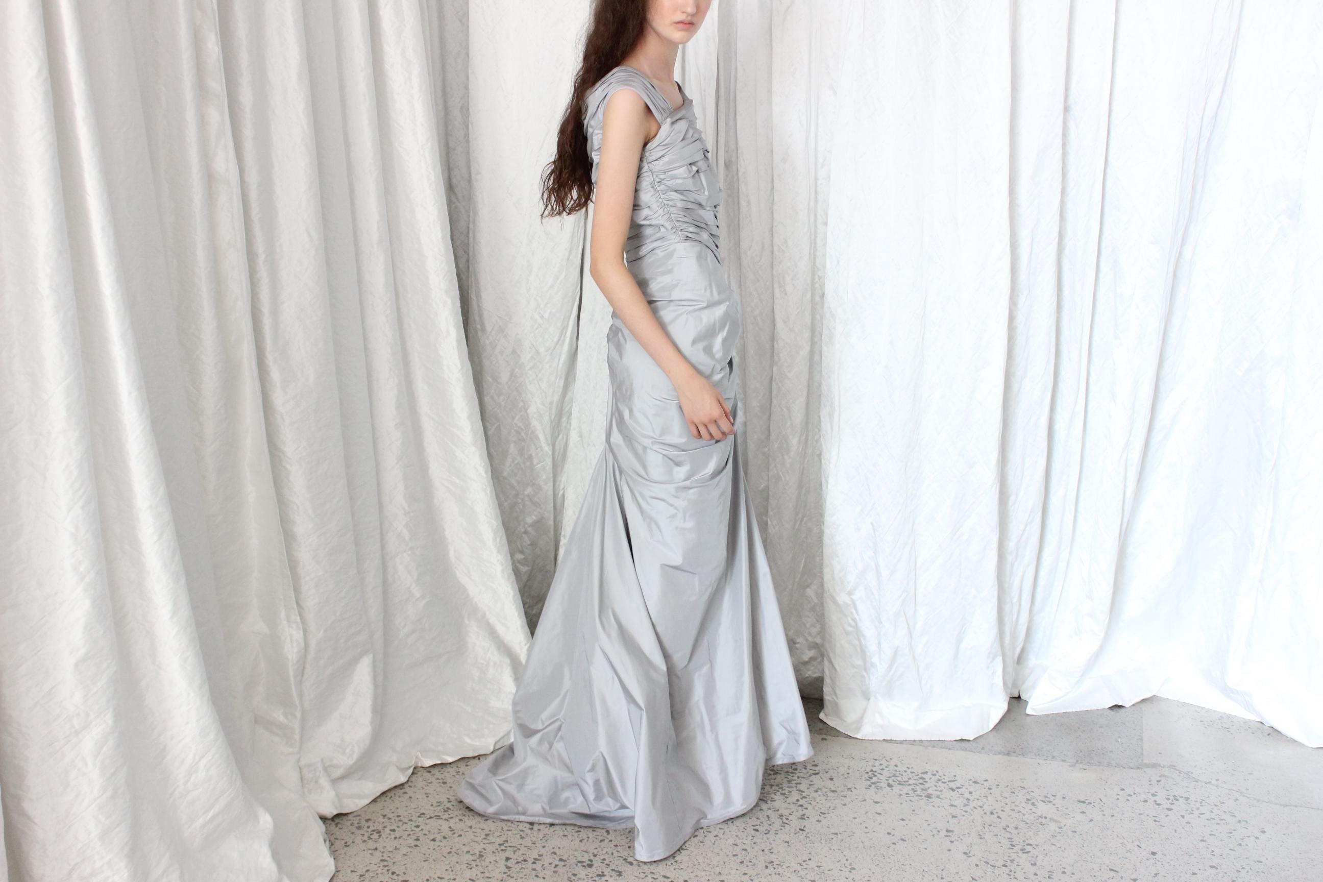 2000s TADASHI Silk Taffeta Ruched Mermaid Gown