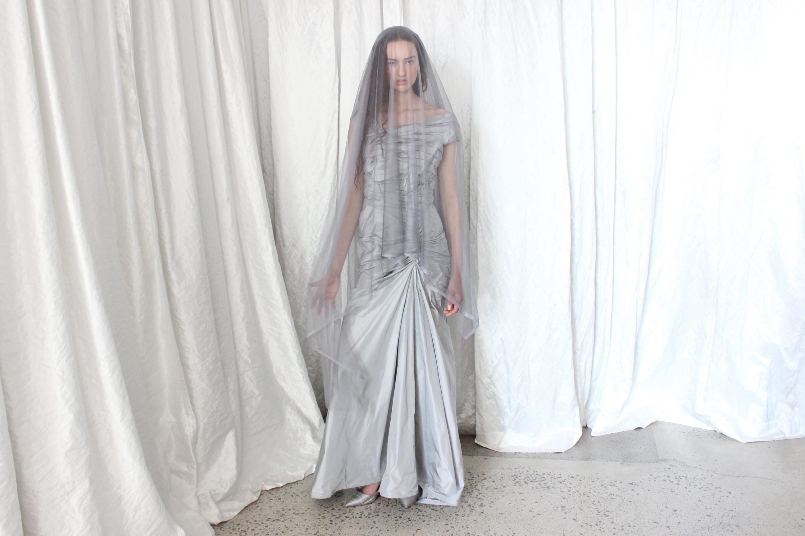 2000s TADASHI Silk Taffeta Ruched Mermaid Gown