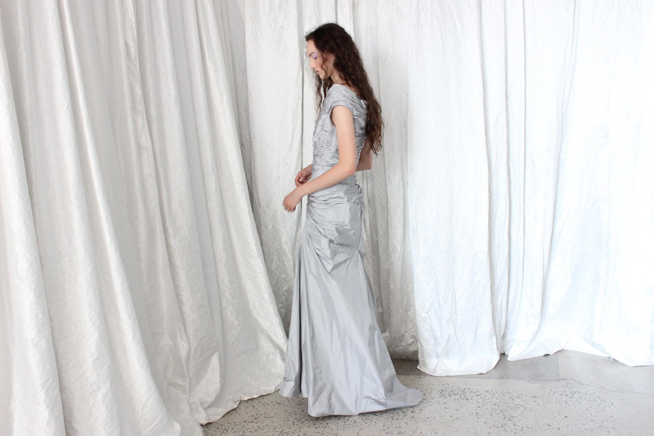 2000s TADASHI Silk Taffeta Ruched Mermaid Gown