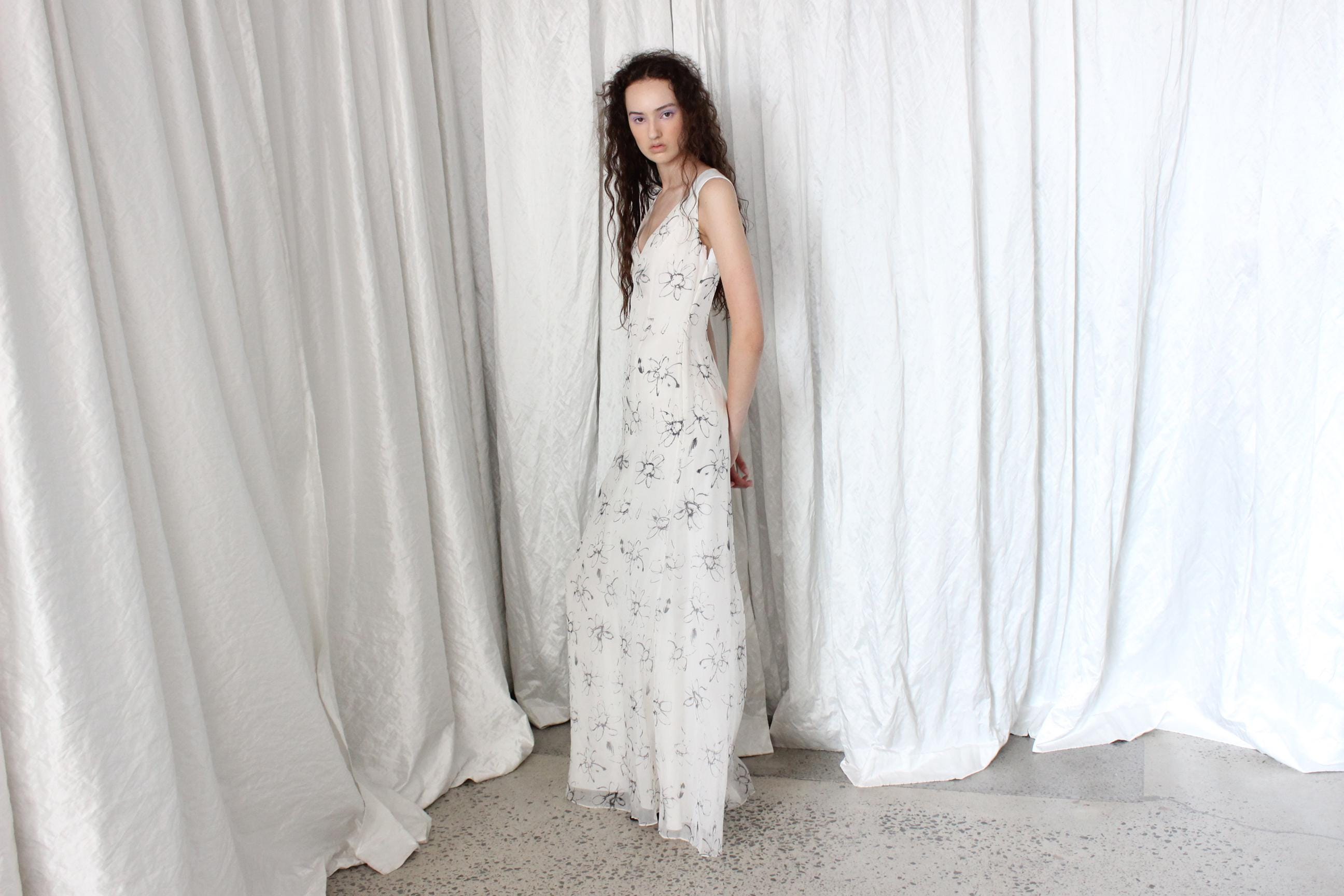 2000s White Silk Scribbled Flower & Leather Back Gown