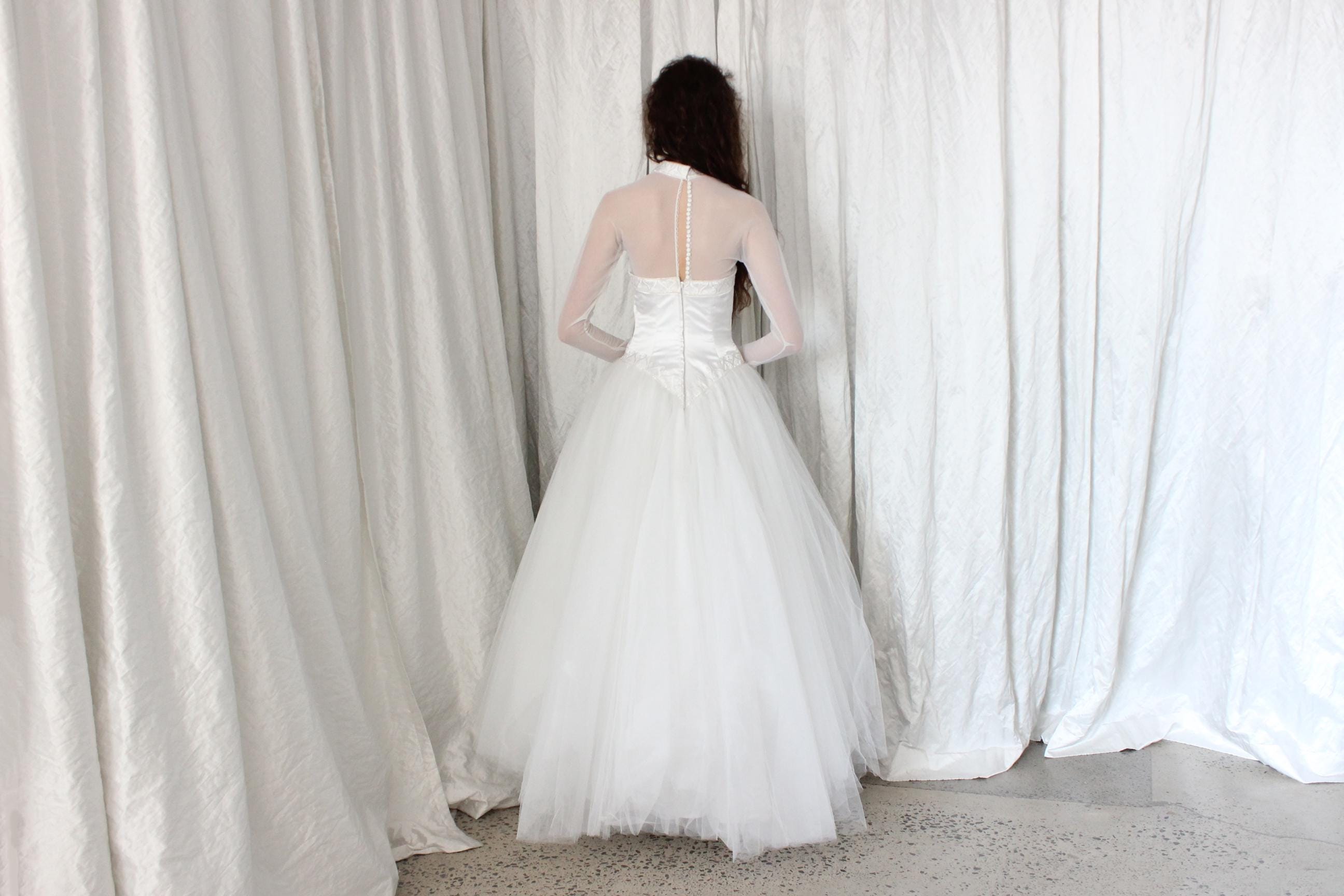 80s Morilee Mesh Sleeve Ballerina Wedding Dress