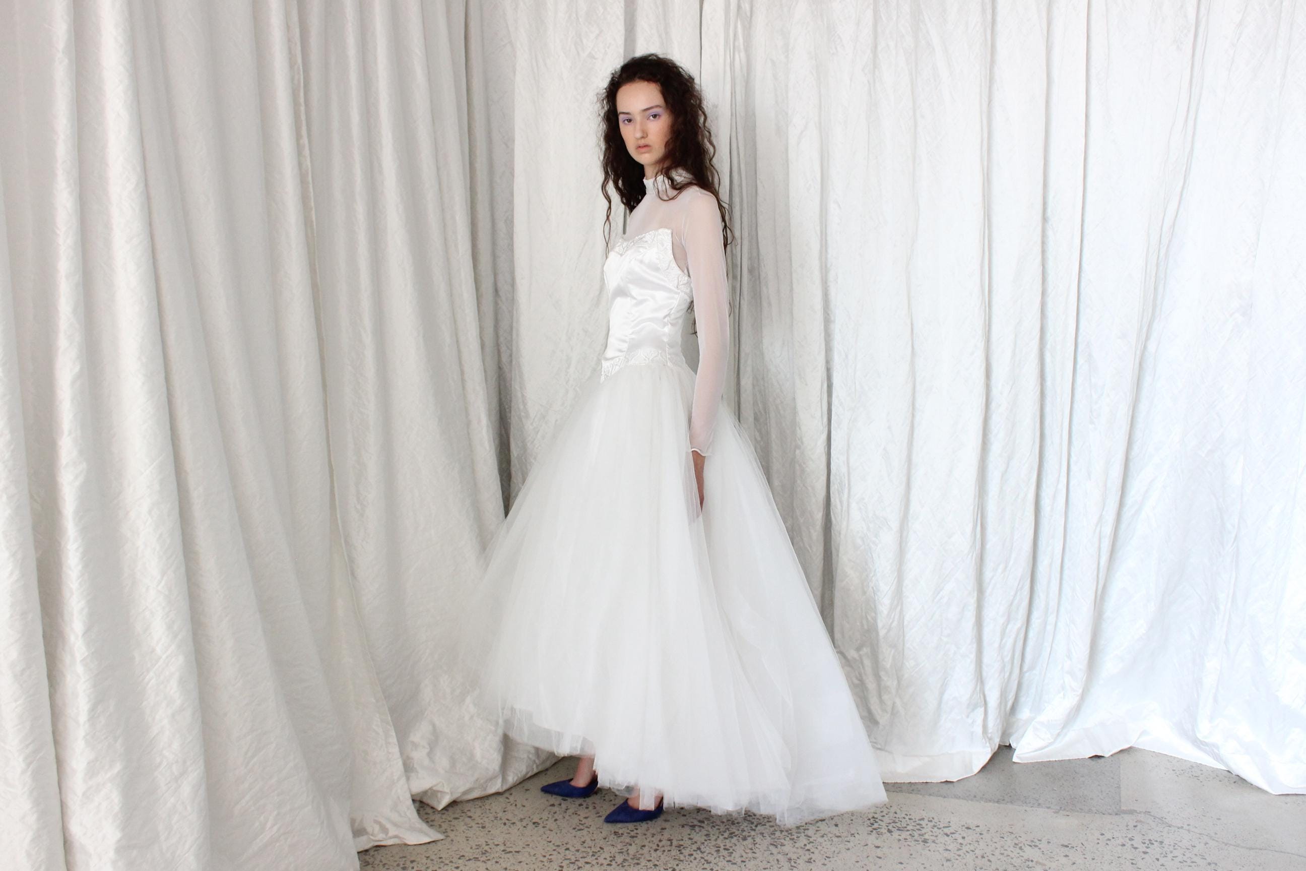 80s Morilee Mesh Sleeve Ballerina Wedding Dress