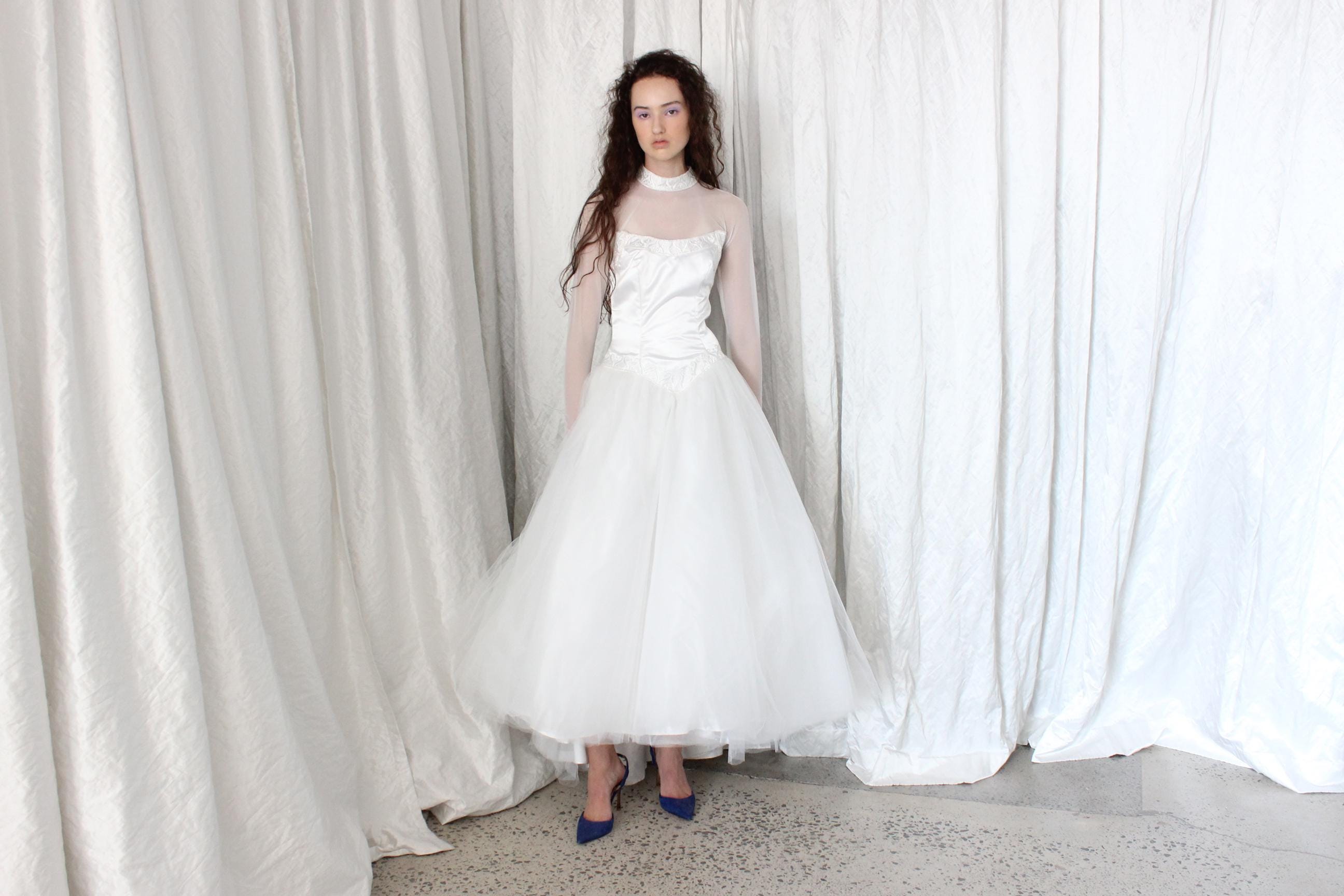 80s Morilee Mesh Sleeve Ballerina Wedding Dress