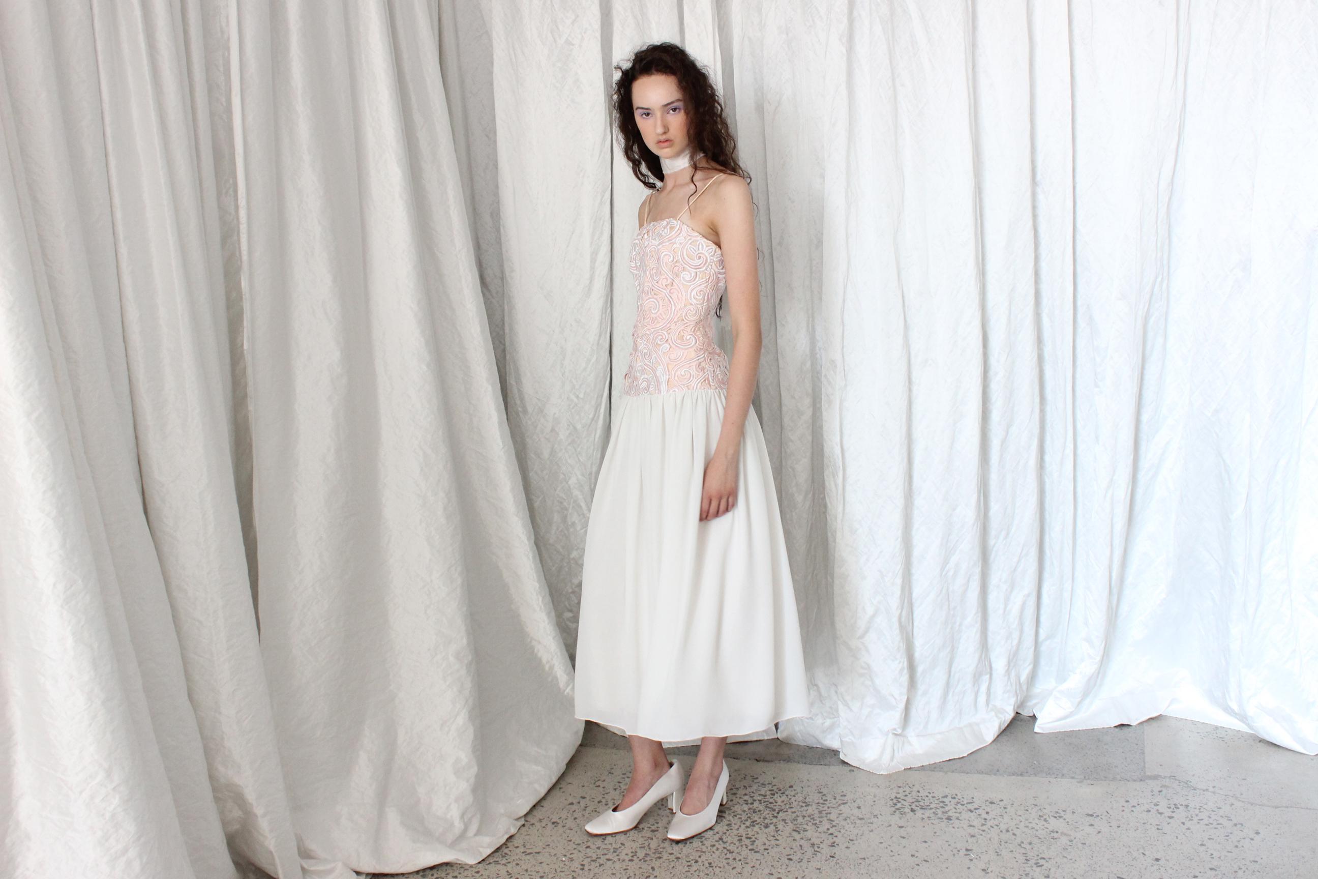80s Silk & Cotton Cutwork Drop Waist Dress