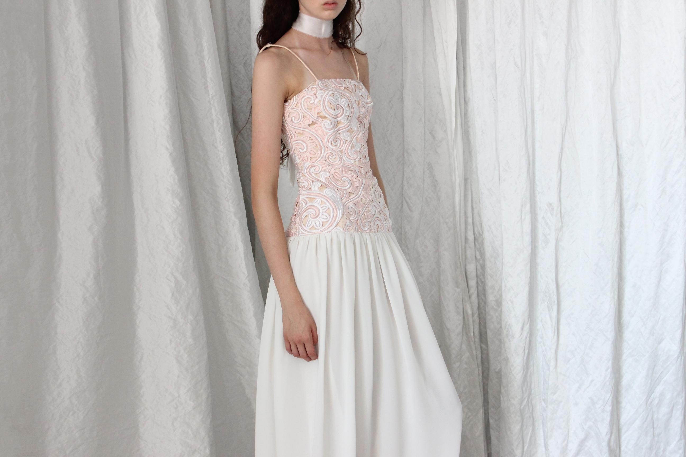 80s Silk & Cotton Cutwork Drop Waist Dress