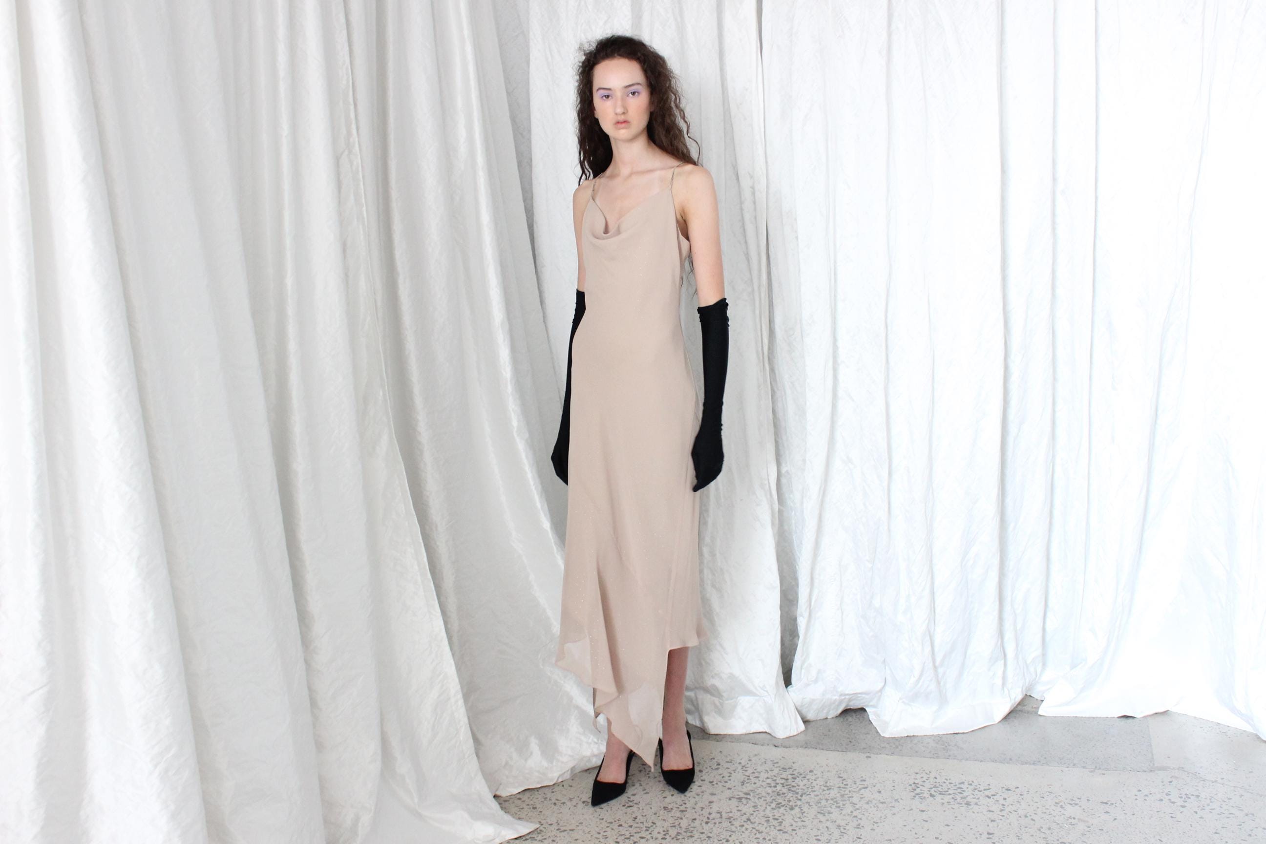 Sexy Y2K Bias Cut Asymmetric Tan Spaghetti Strap Slip