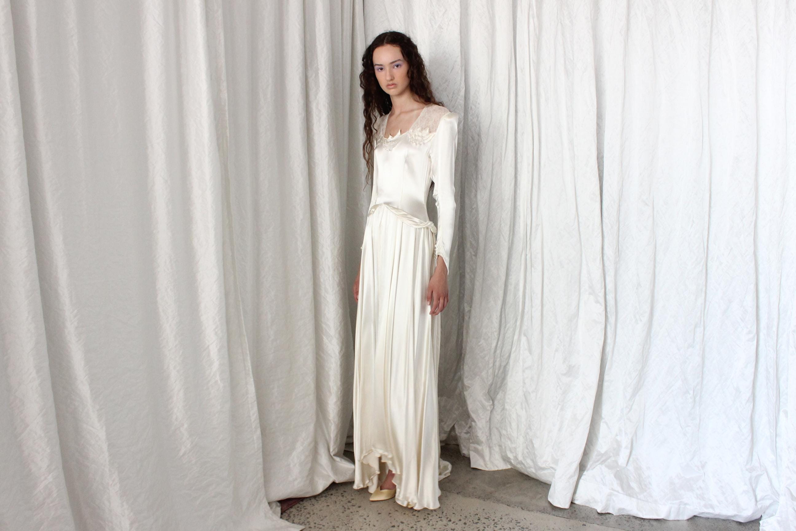 1949 Liquid Silk Satin Drop Waist Long Sleeve Vintage Wedding Gown