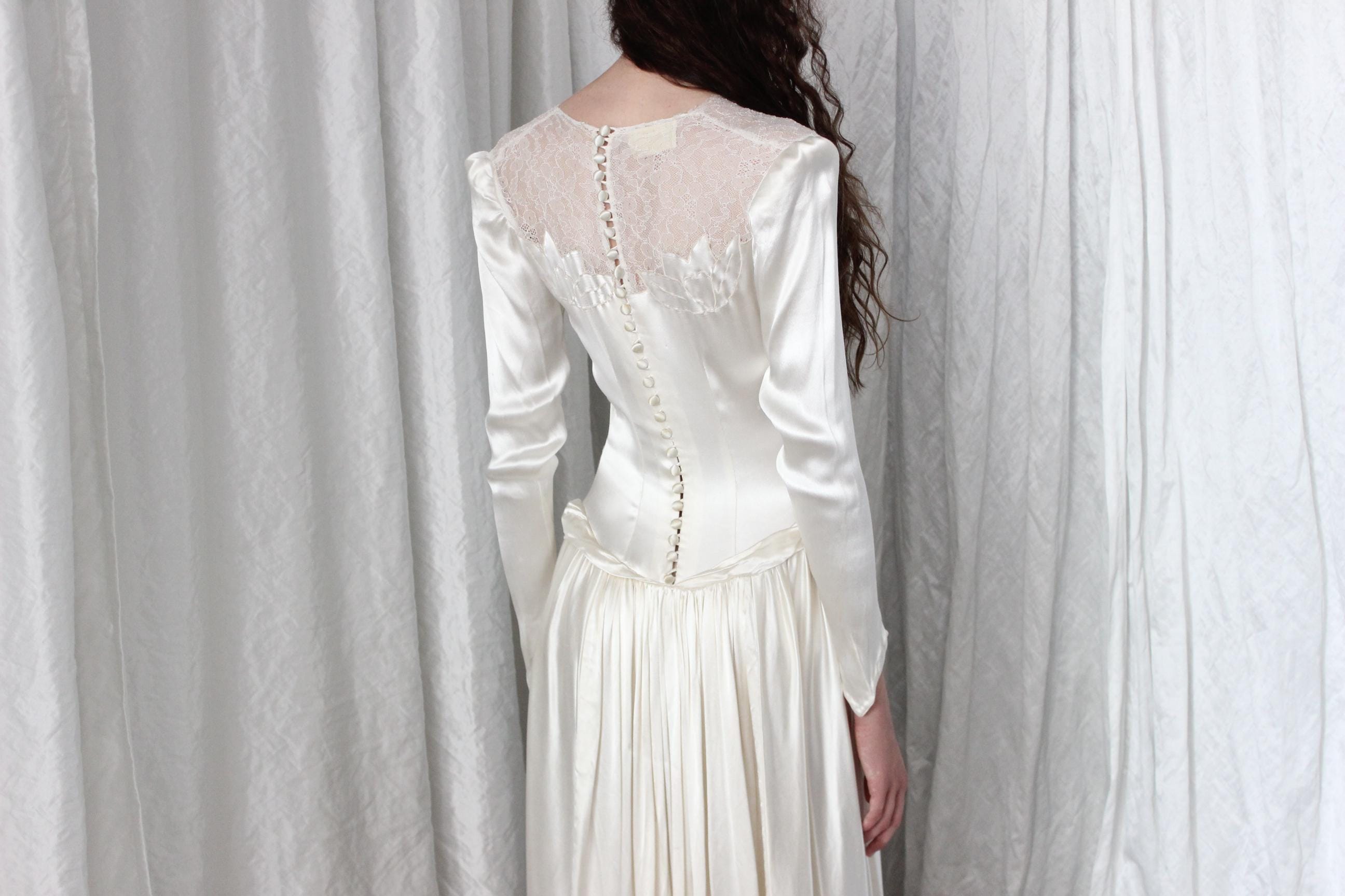 1949 Liquid Silk Satin Drop Waist Long Sleeve Vintage Wedding Gown