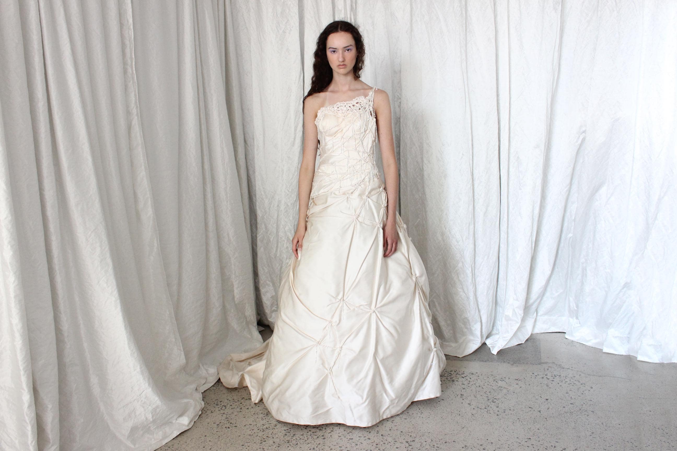 Wild 2000s Duchess Silk Asymmetric Textural Wedding Gown w/ Knots & Beading