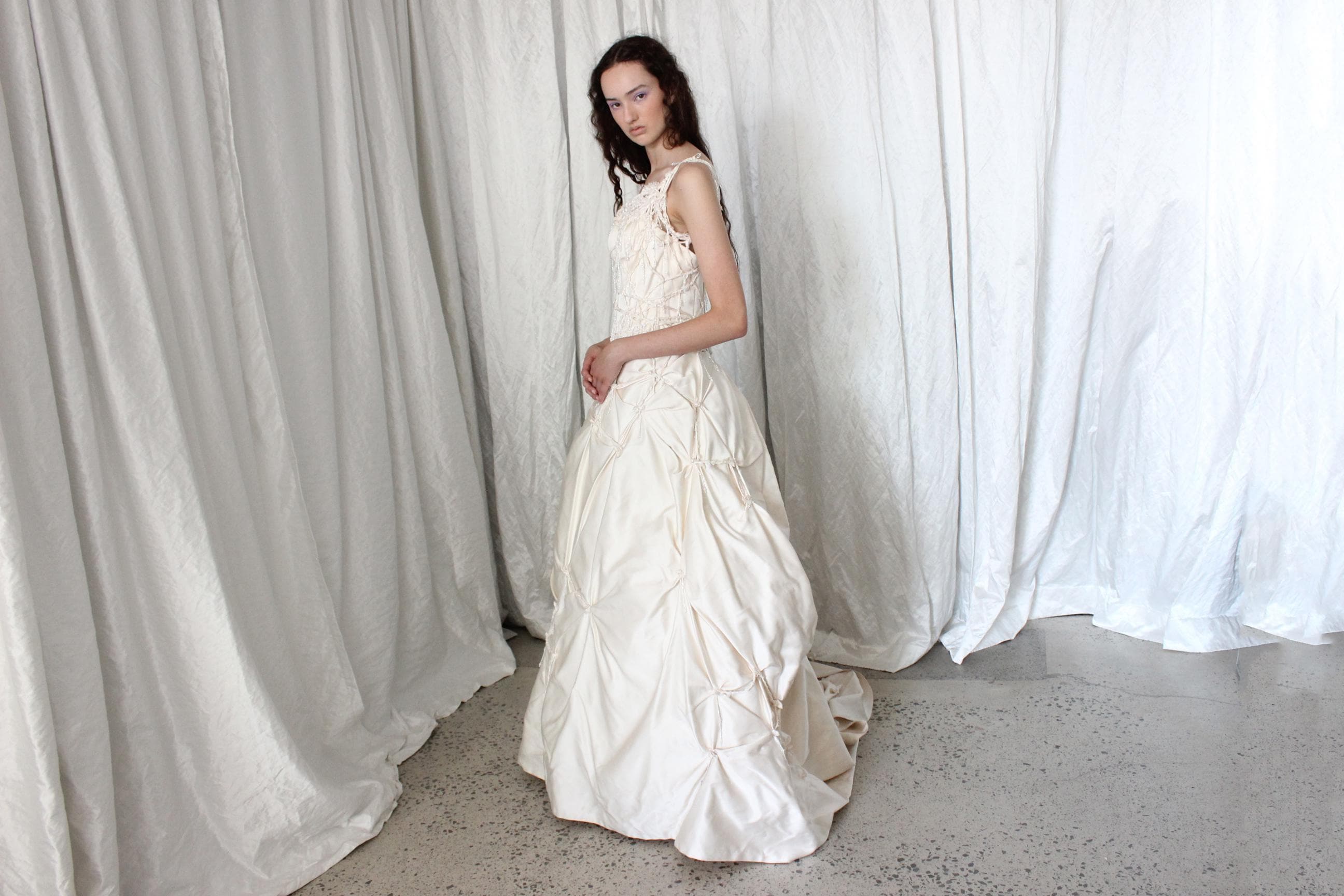 Wild 2000s Duchess Silk Asymmetric Textural Wedding Gown w/ Knots & Beading