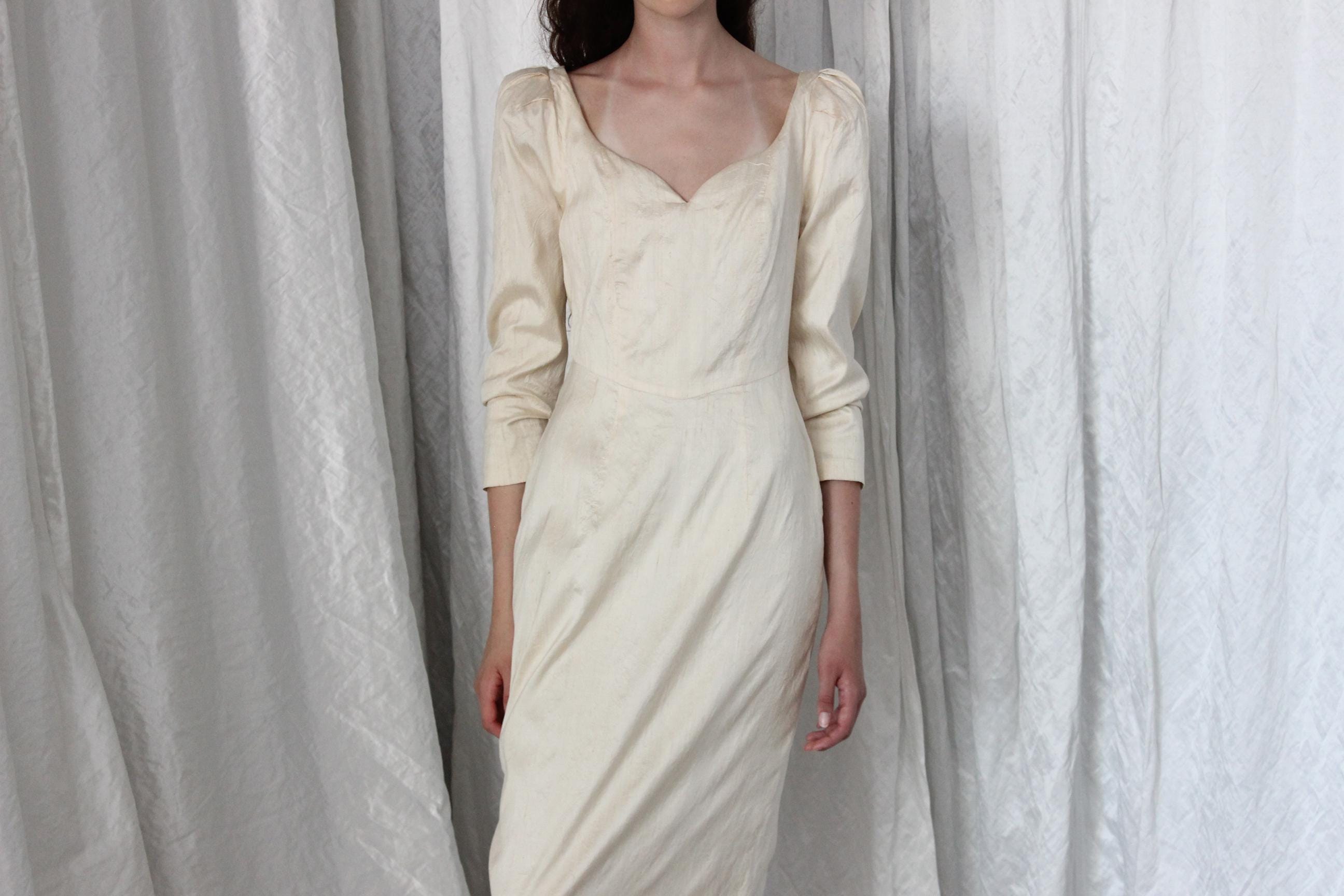 90s Raw Silk Long Sleeve Column Wedding Gown