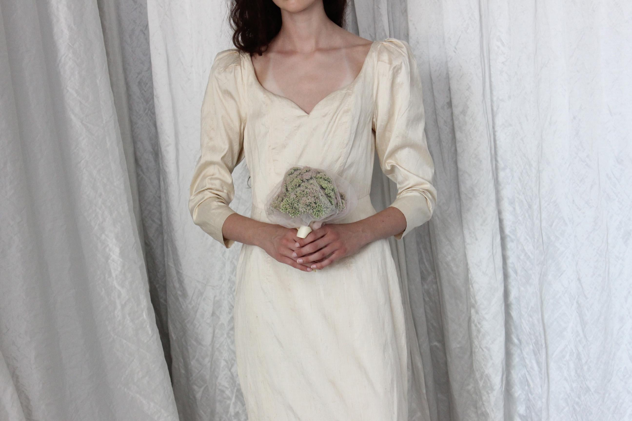 90s Raw Silk Long Sleeve Column Wedding Gown