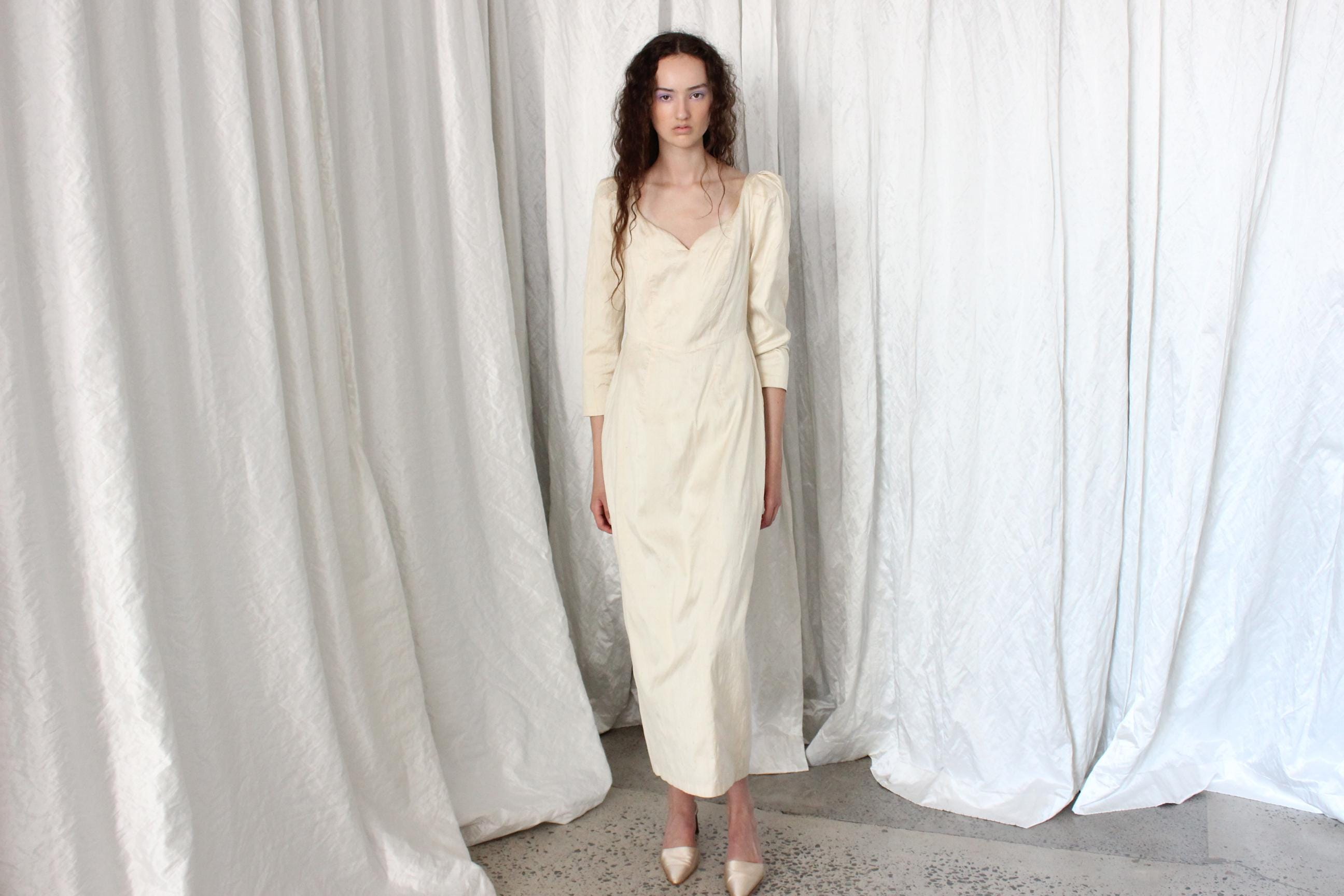 90s Raw Silk Long Sleeve Column Wedding Gown