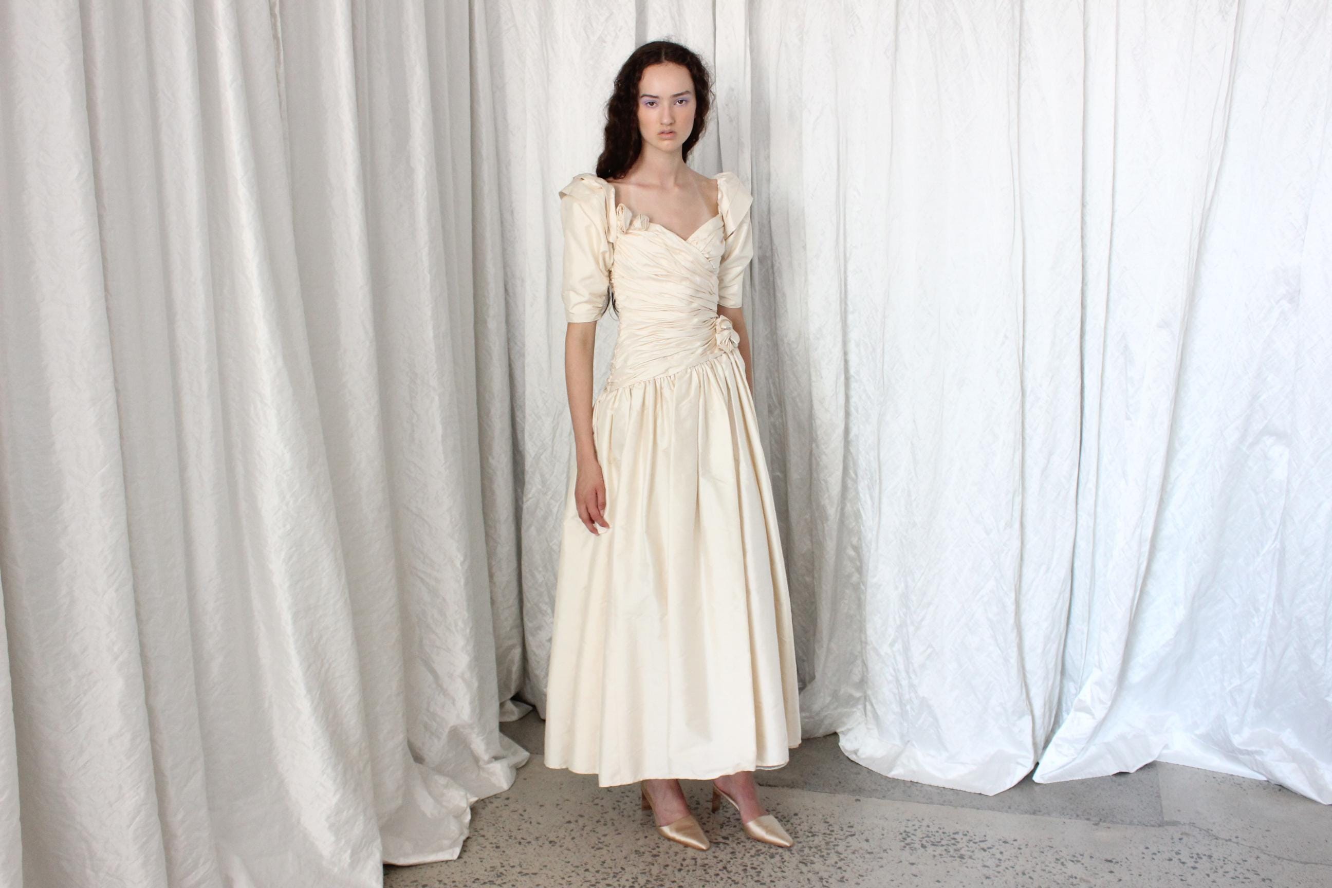 80s Raw Silk Taffeta Gathered Puff Sleeve, Drop Waist Wedding Dress