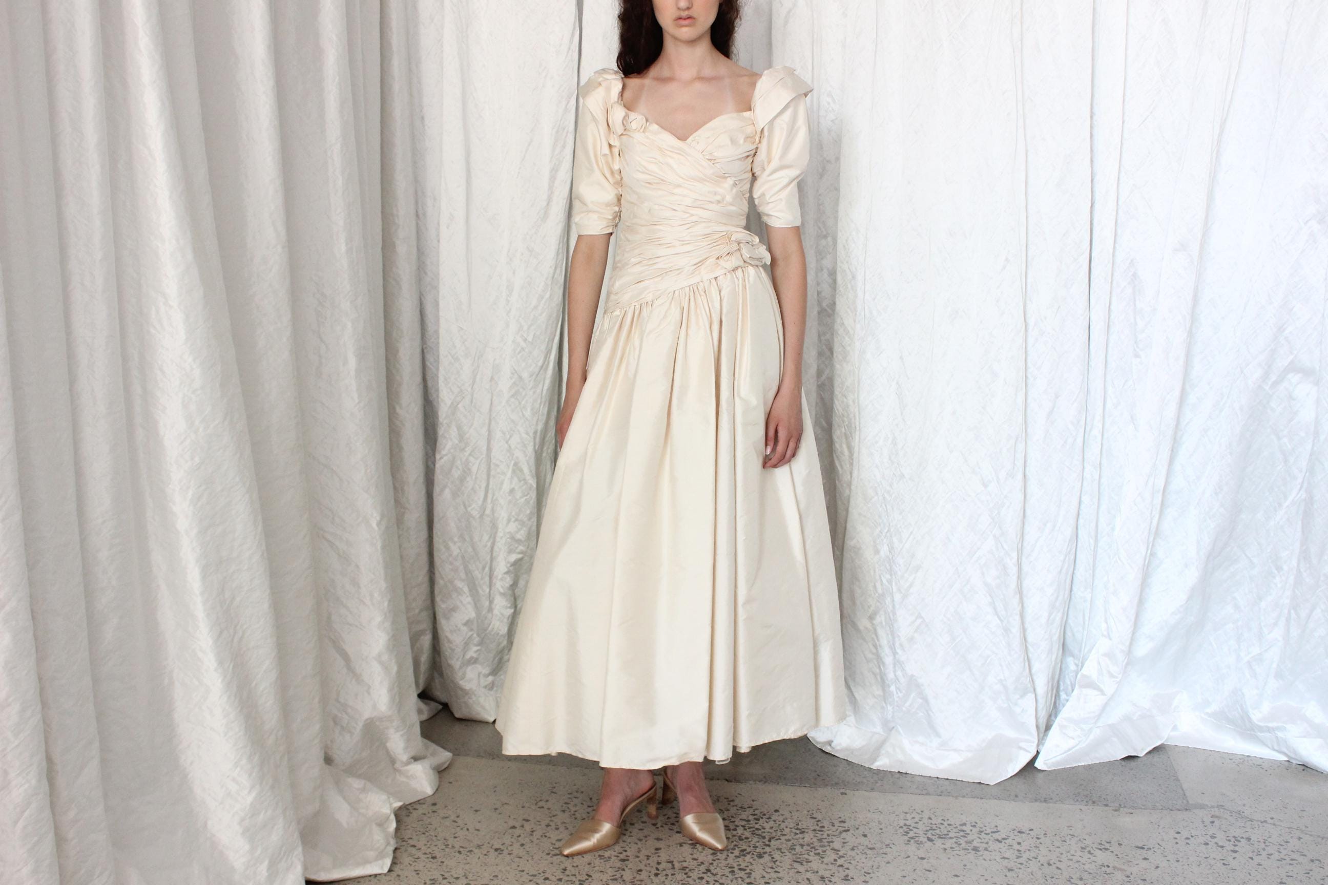80s Raw Silk Taffeta Gathered Puff Sleeve, Drop Waist Wedding Dress