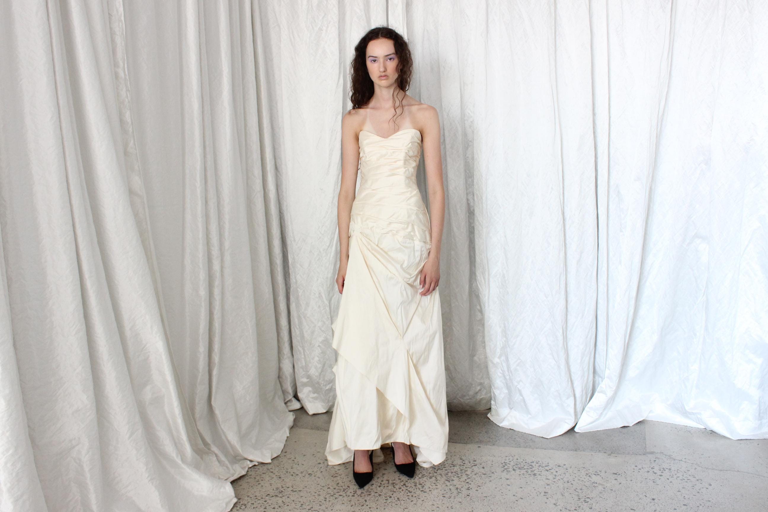 2000s Raw Silk Strapless Gathered & Tucked Gown
