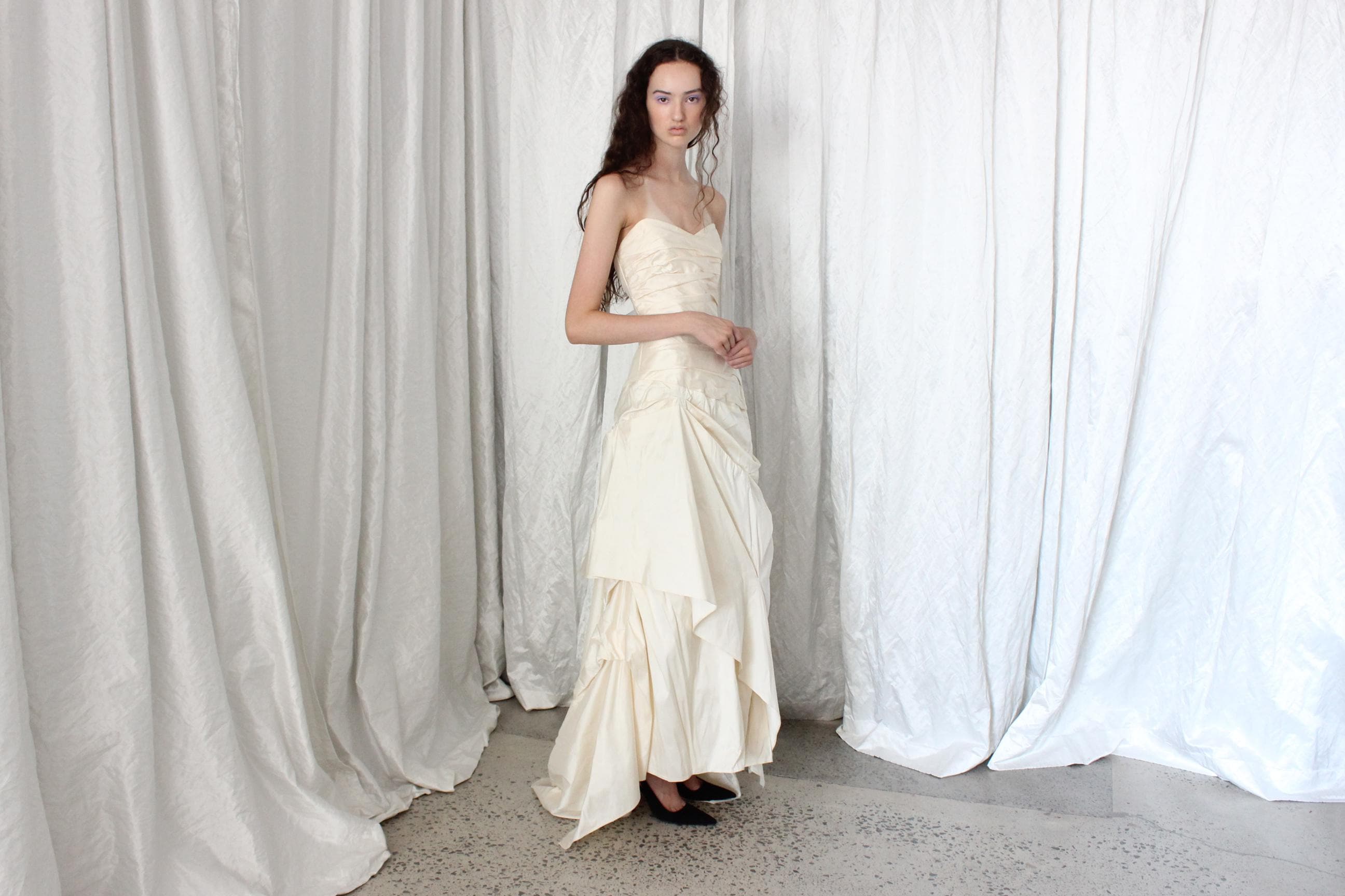 2000s Raw Silk Strapless Gathered & Tucked Gown