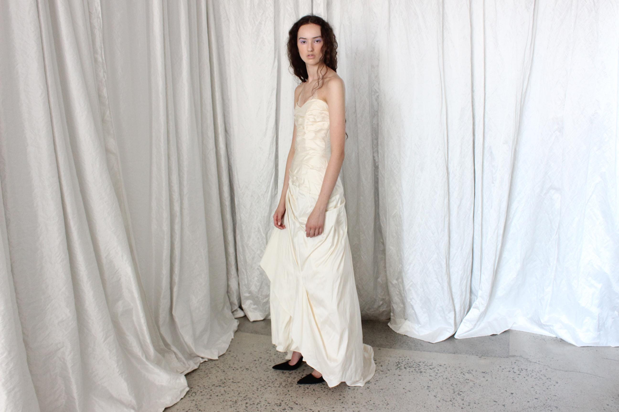 2000s Raw Silk Strapless Gathered & Tucked Gown