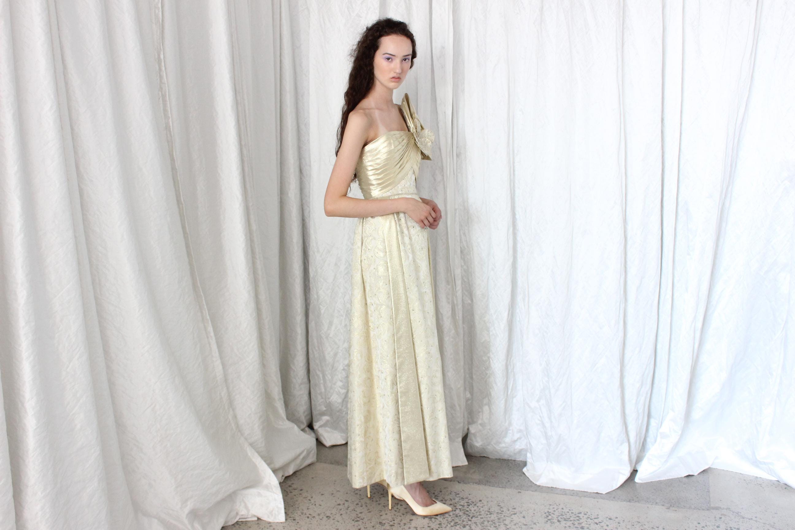 1980s Gold Hollywood Glamour Gown by Rose Taft Couture