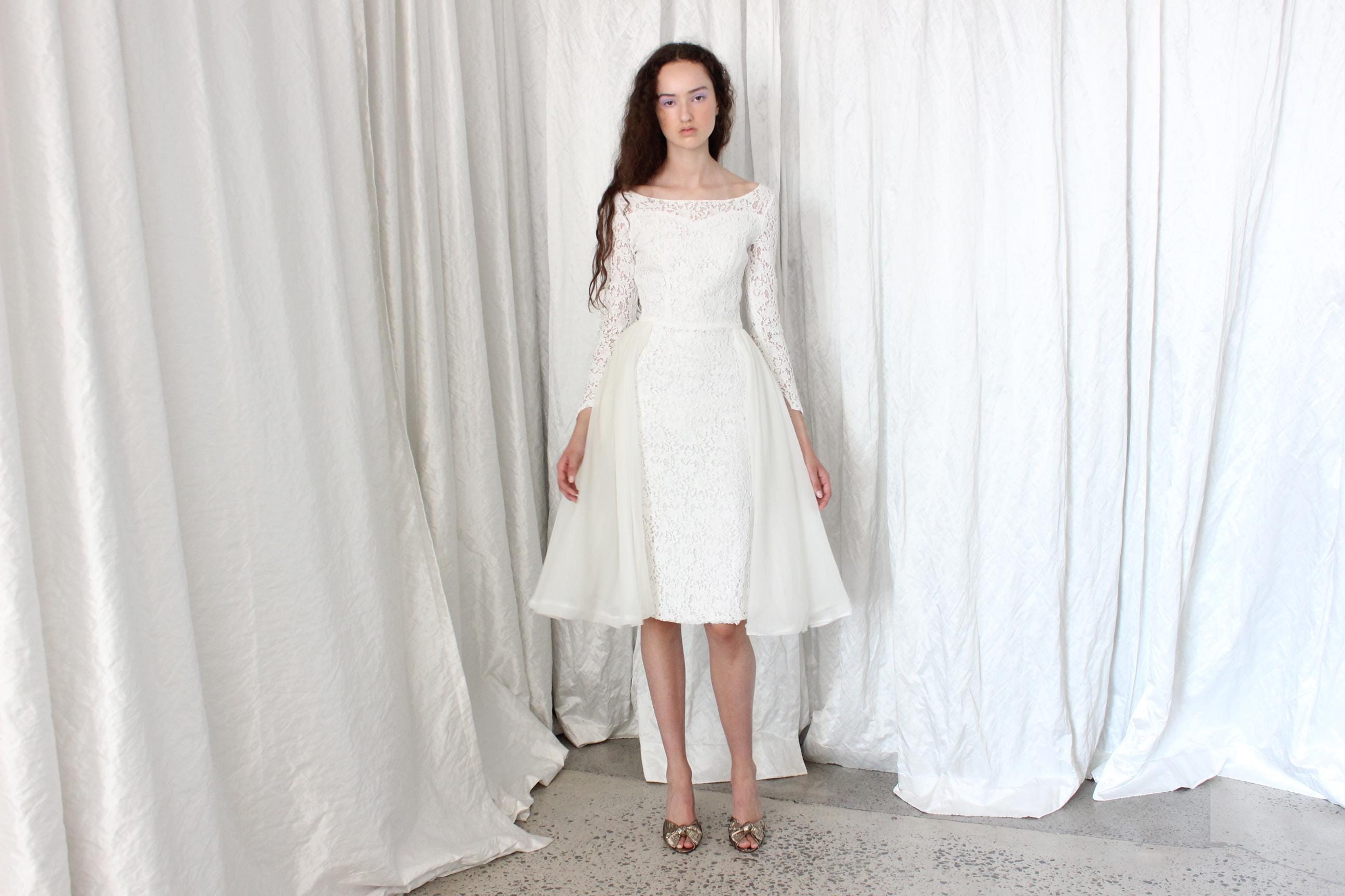Dreamy 50s White Lace & Nylon Skirt Long Sleeve Cocktail Dress