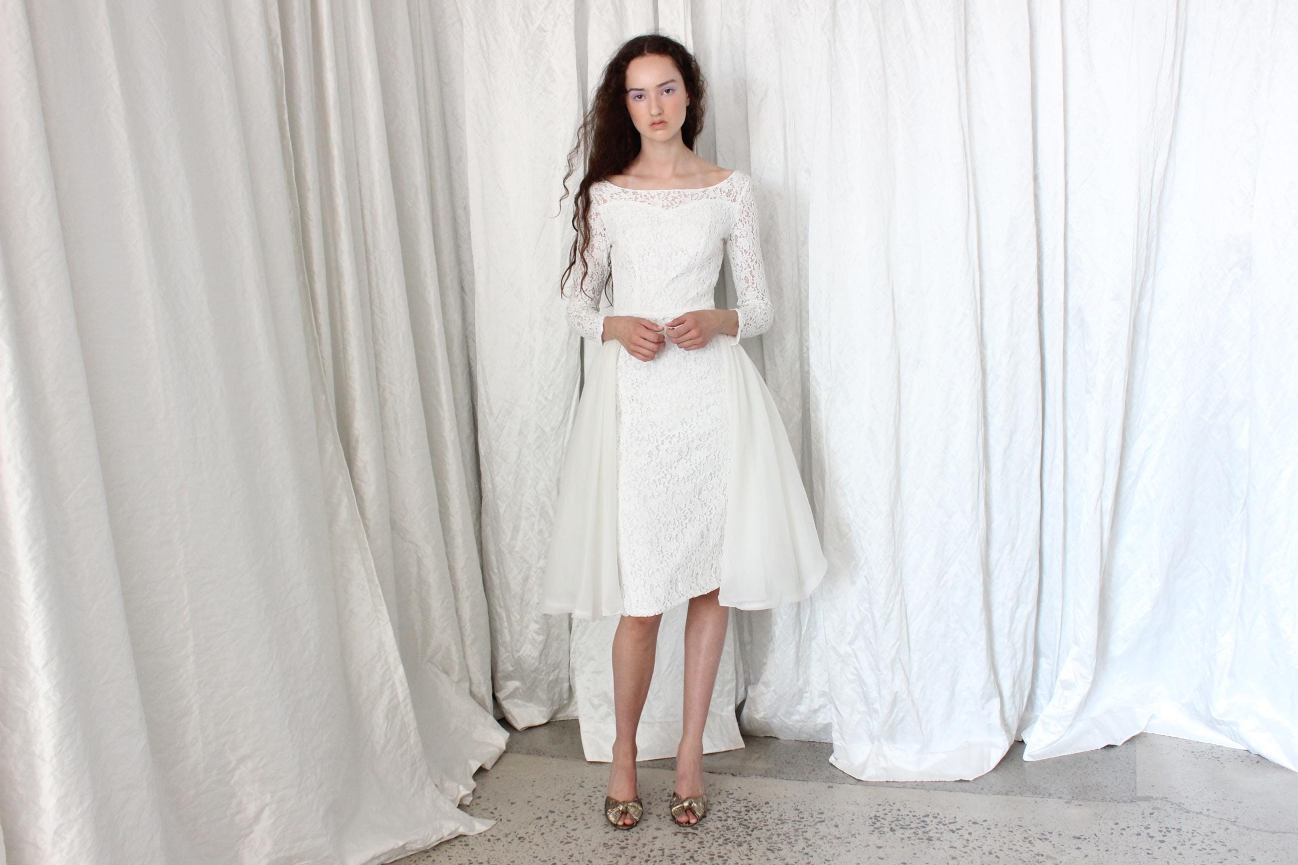 Dreamy 50s White Lace & Nylon Skirt Long Sleeve Cocktail Dress