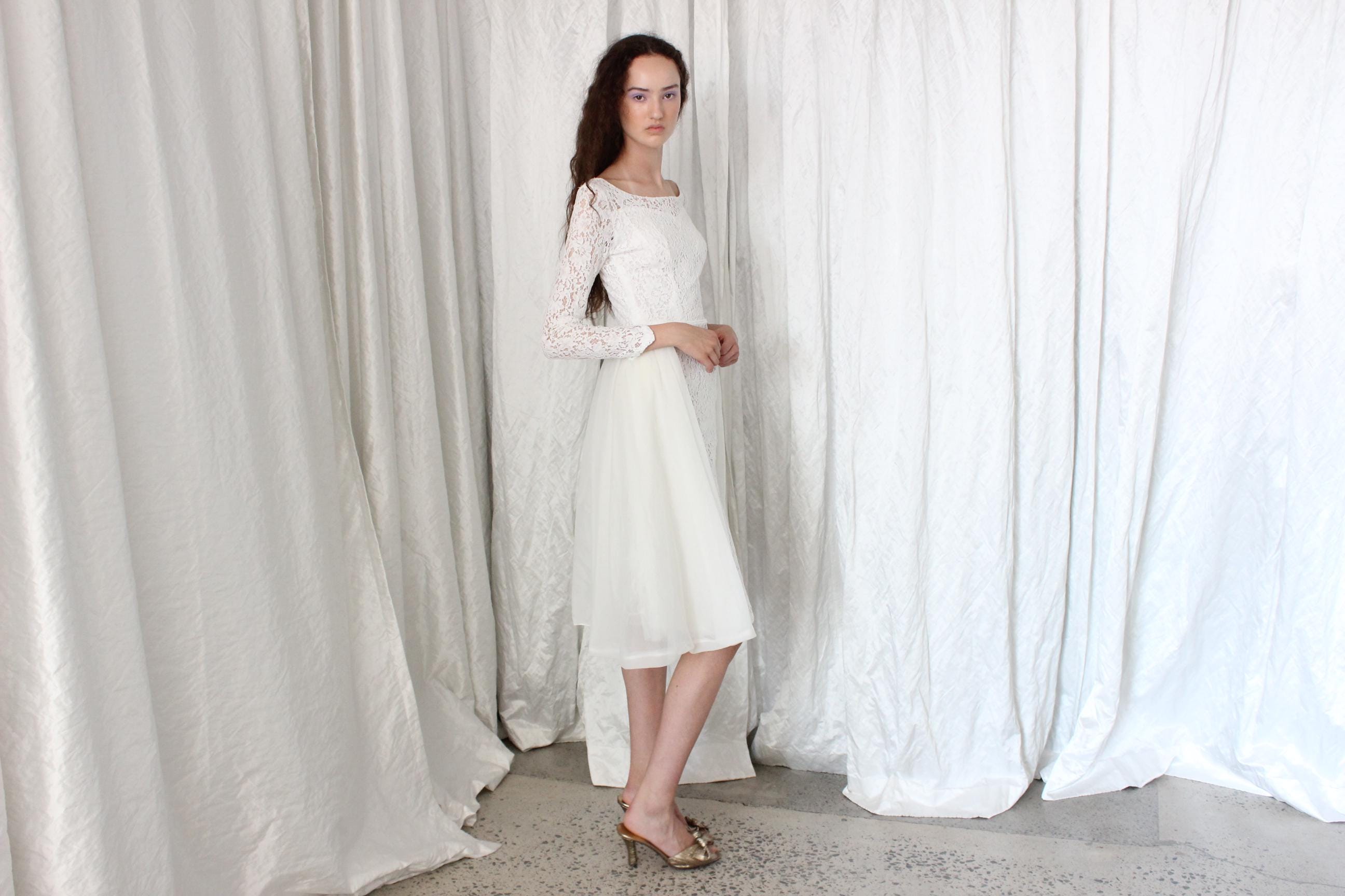 Dreamy 50s White Lace & Nylon Skirt Long Sleeve Cocktail Dress