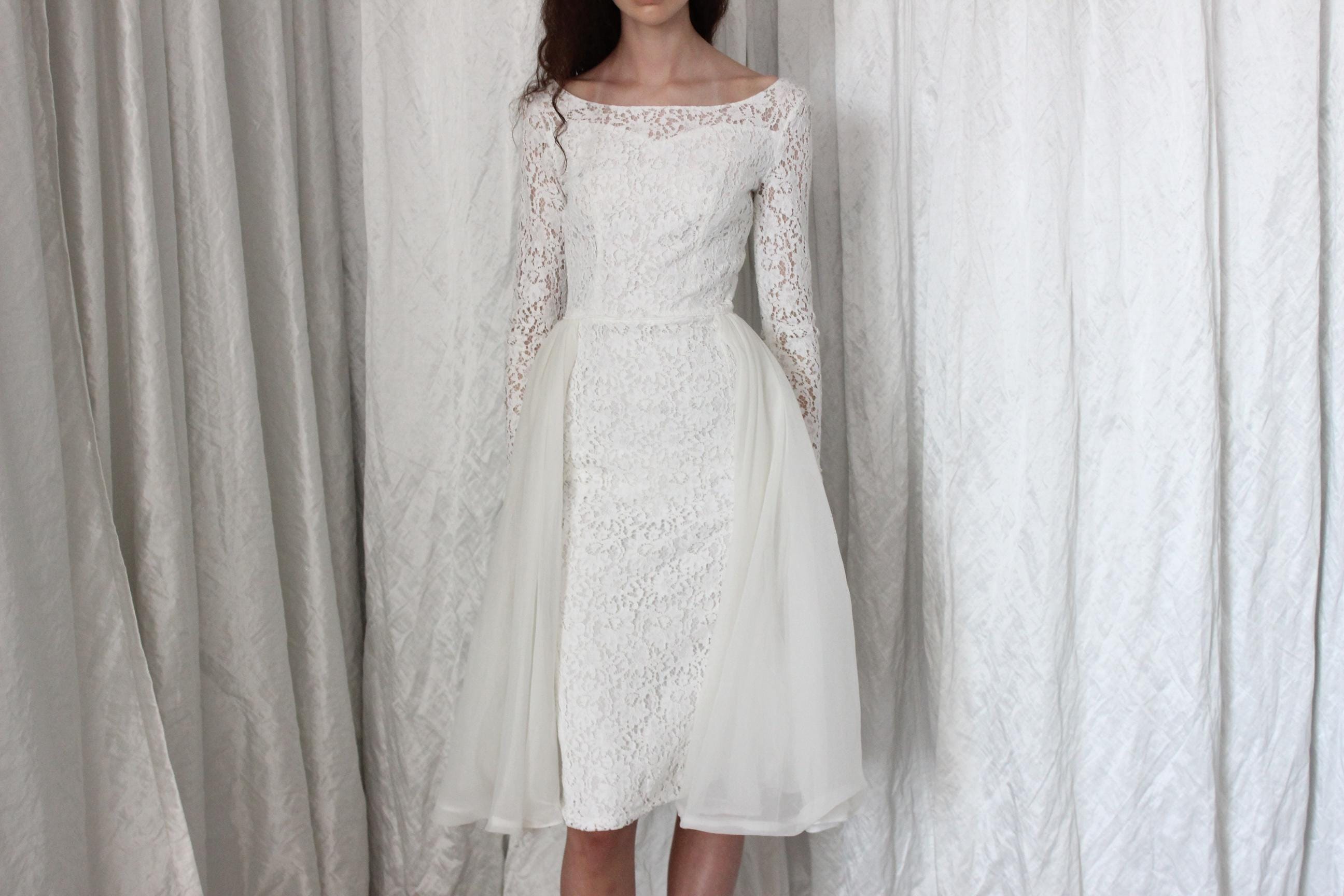 Dreamy 50s White Lace & Nylon Skirt Long Sleeve Cocktail Dress