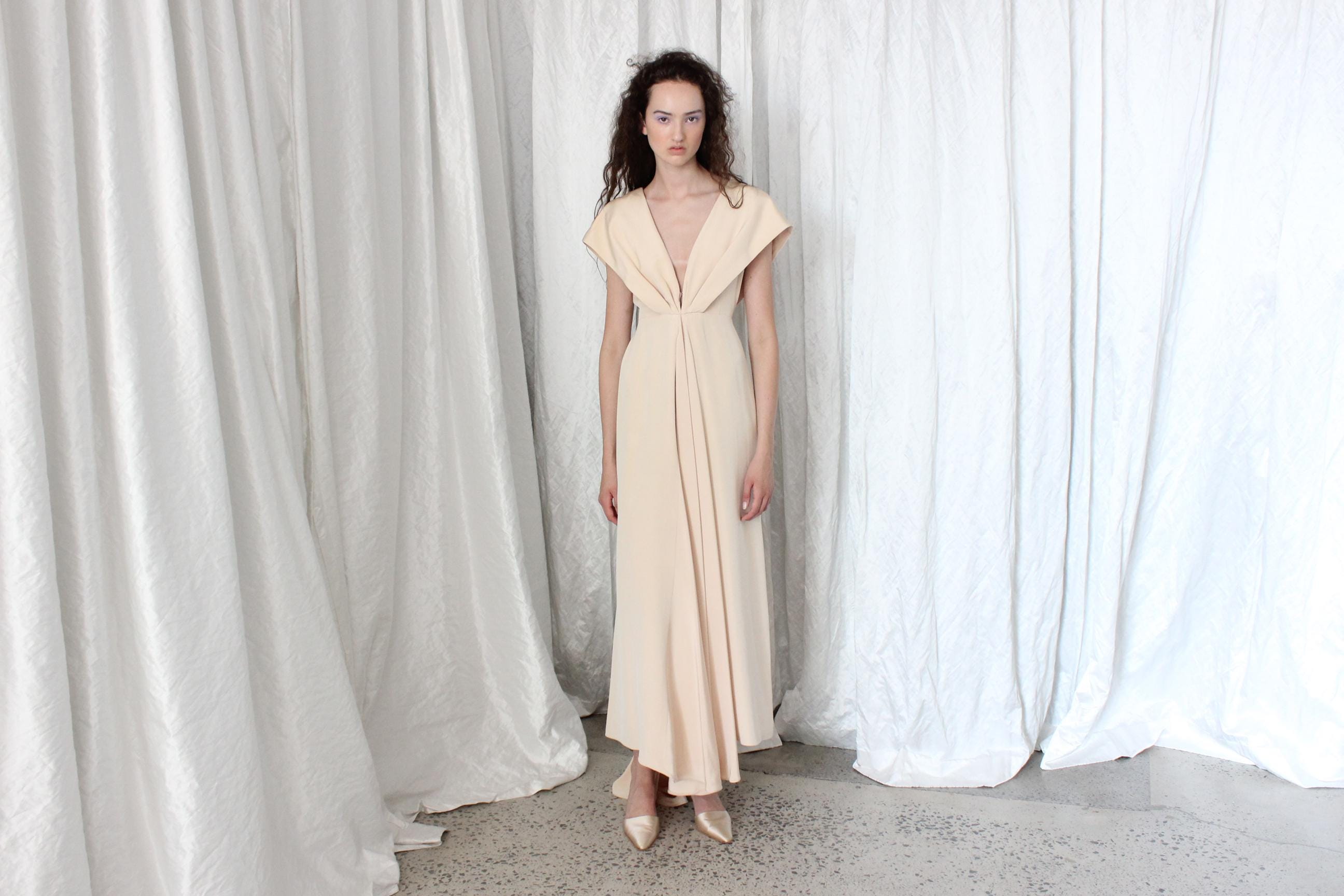 2000s New York Designer Sample Peach Silk Sculptural Gown