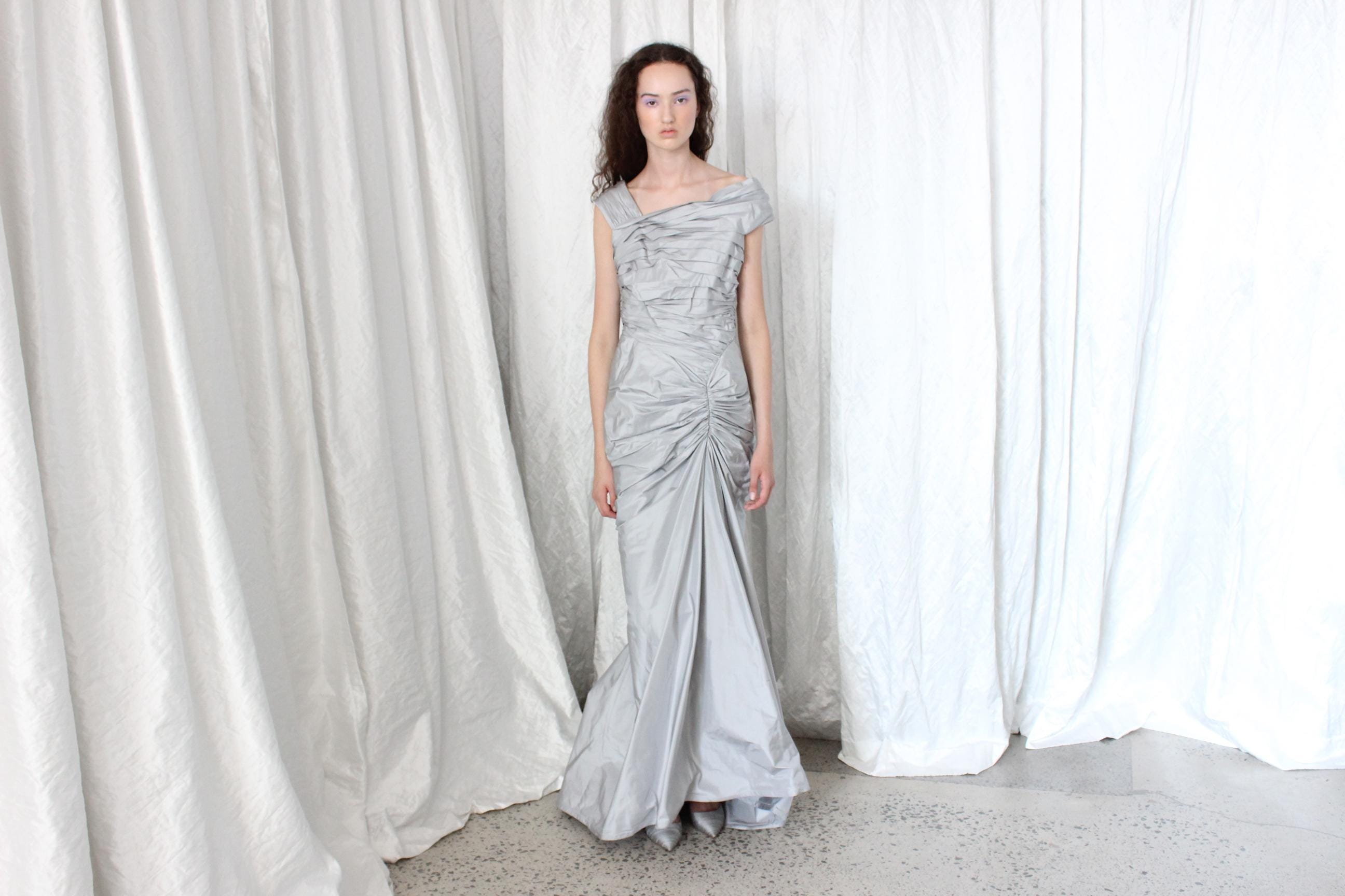 2000s TADASHI Silk Taffeta Ruched Mermaid Gown