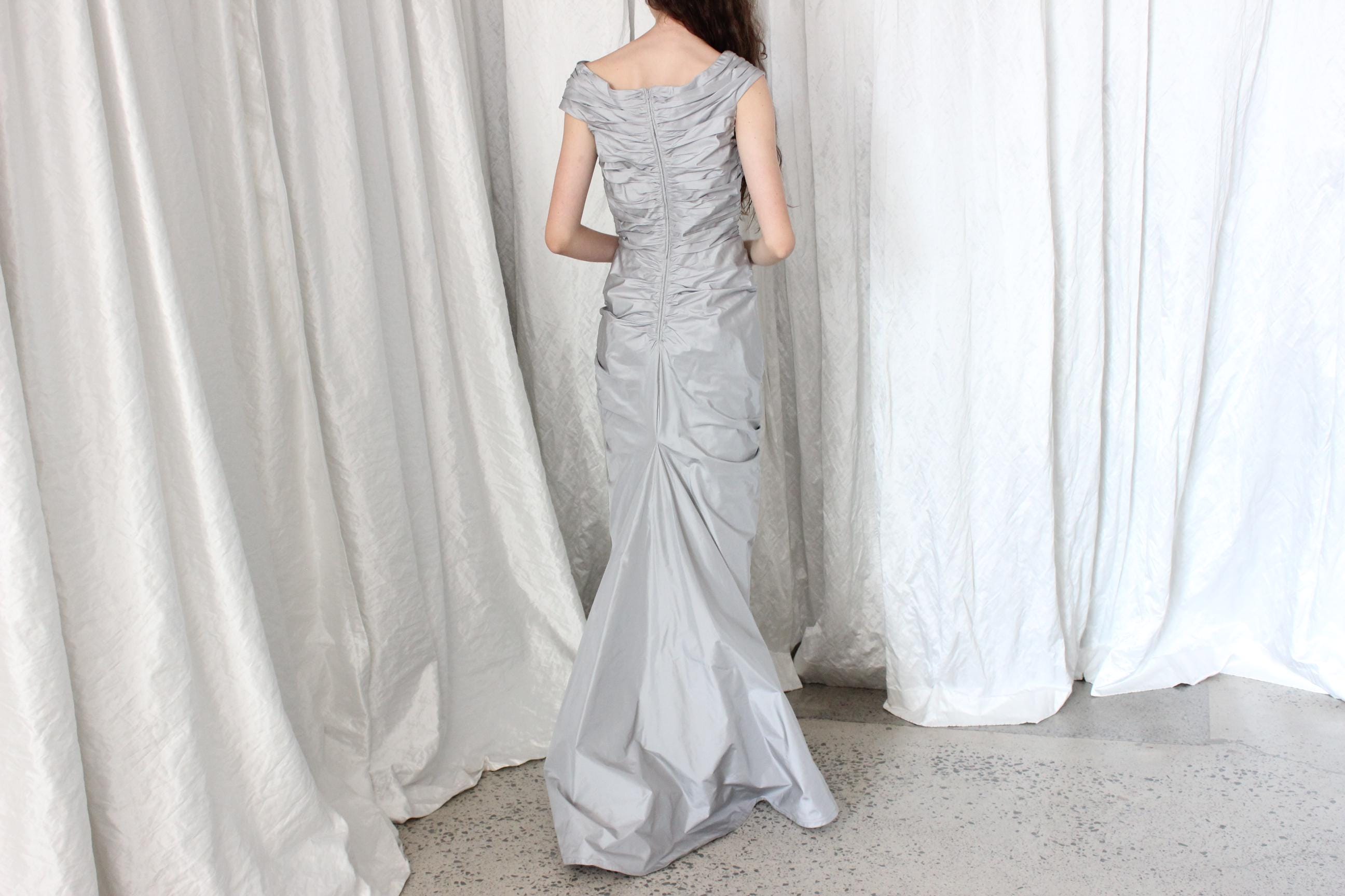 2000s TADASHI Silk Taffeta Ruched Mermaid Gown