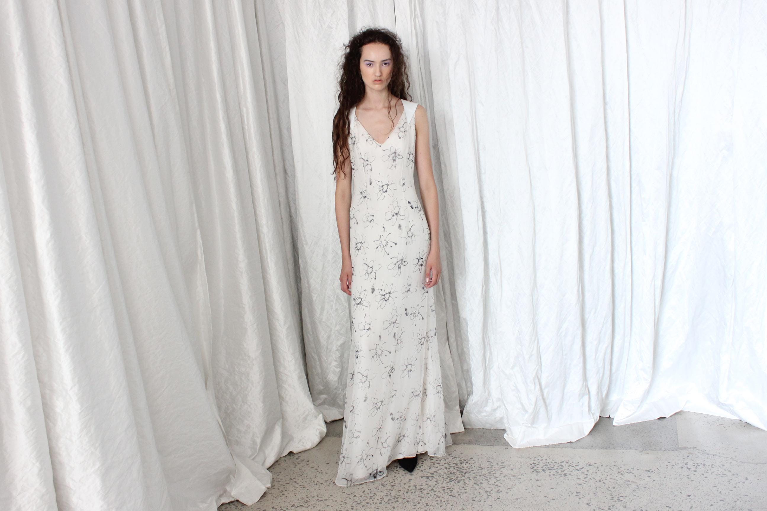 2000s White Silk Scribbled Flower & Leather Back Gown