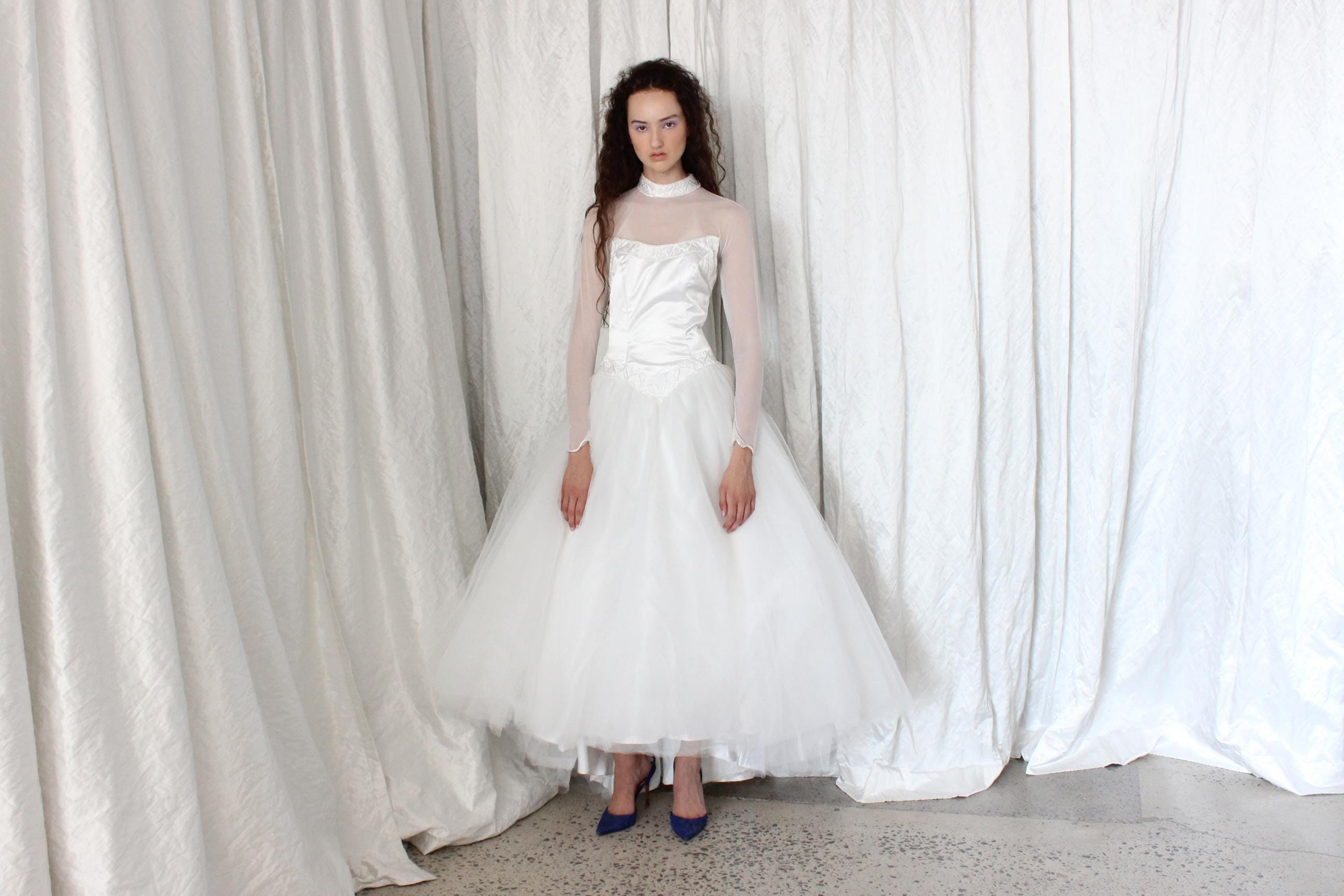 80s Morilee Mesh Sleeve Ballerina Wedding Dress