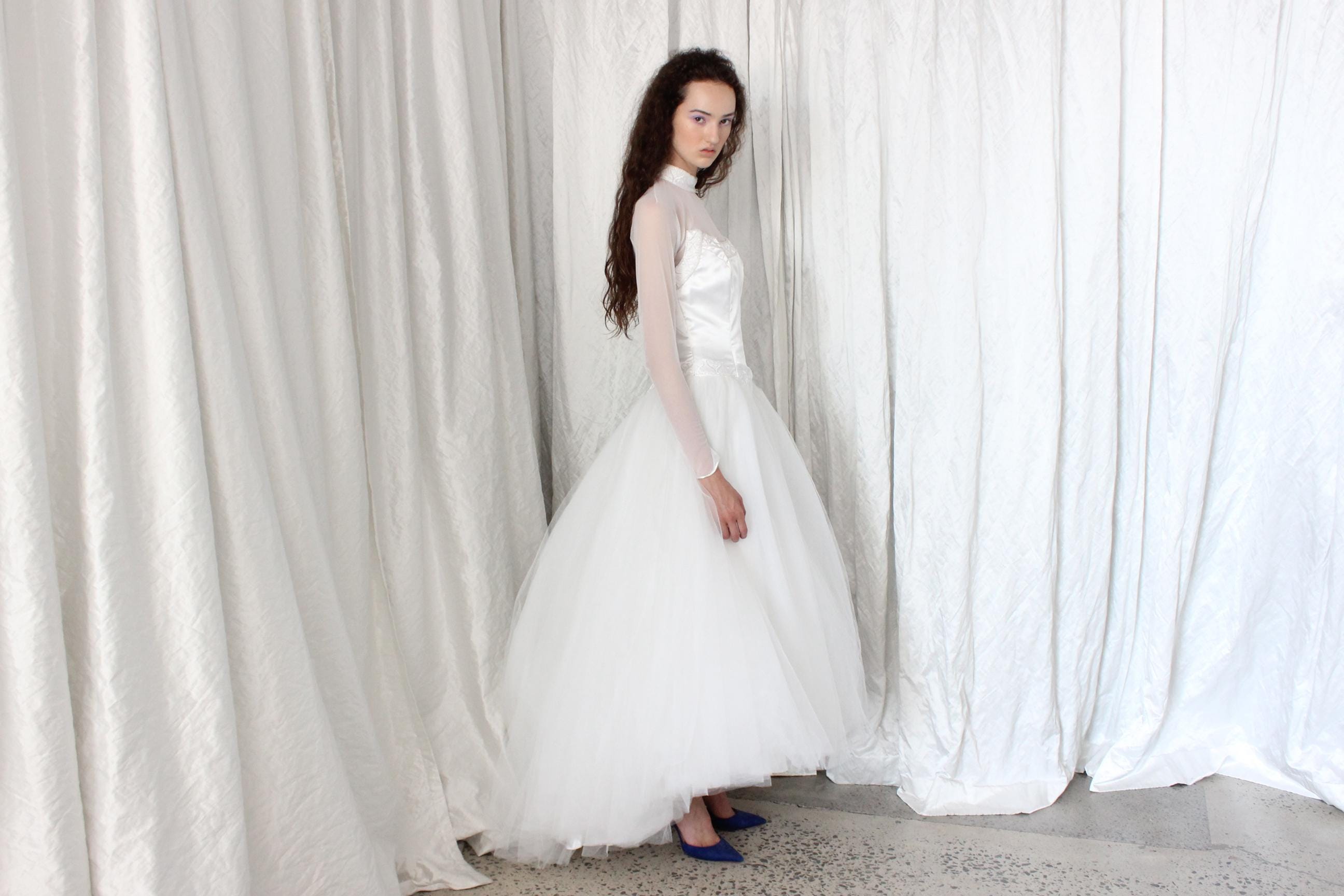 80s Morilee Mesh Sleeve Ballerina Wedding Dress