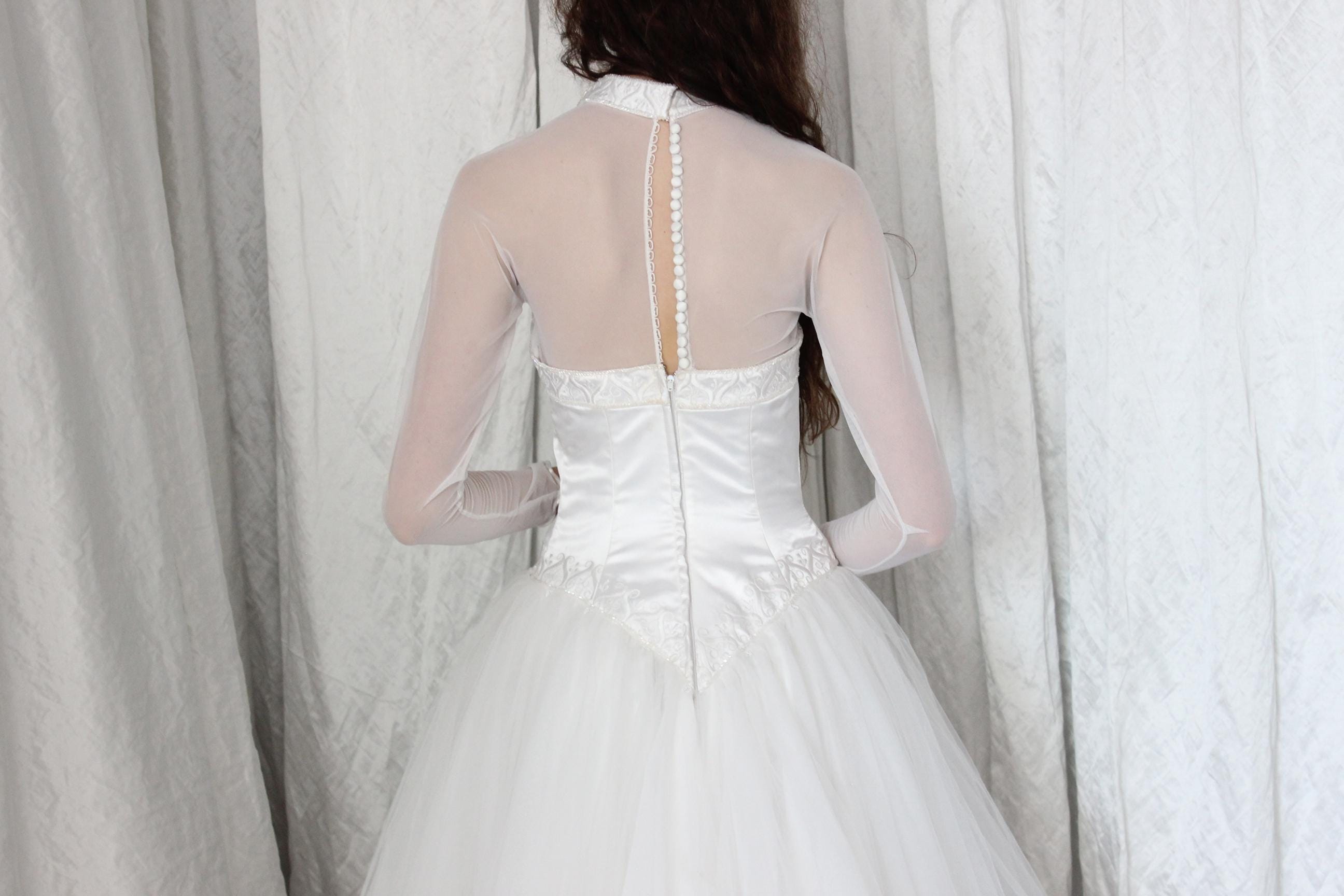 80s Morilee Mesh Sleeve Ballerina Wedding Dress