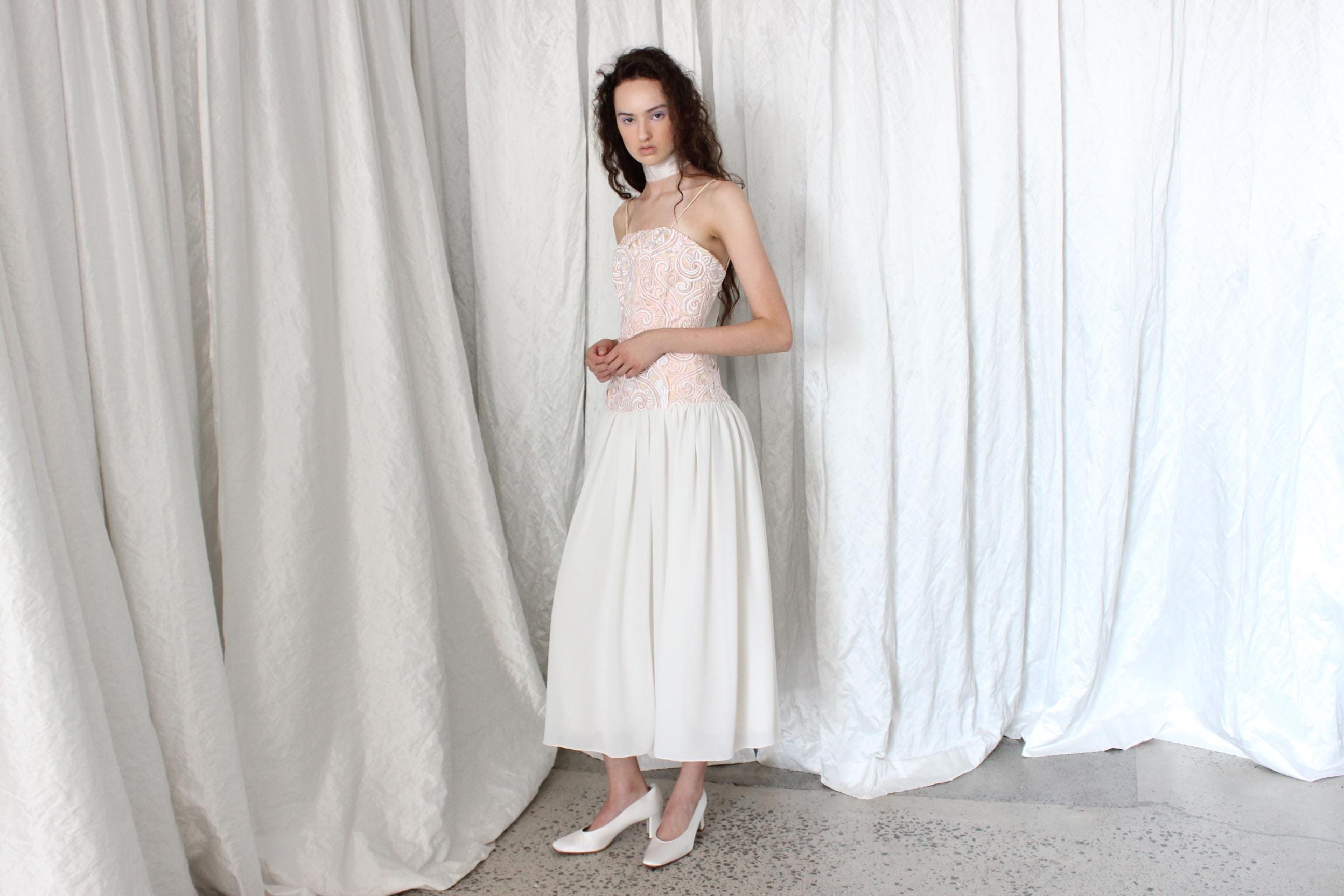 80s Silk & Cotton Cutwork Drop Waist Dress