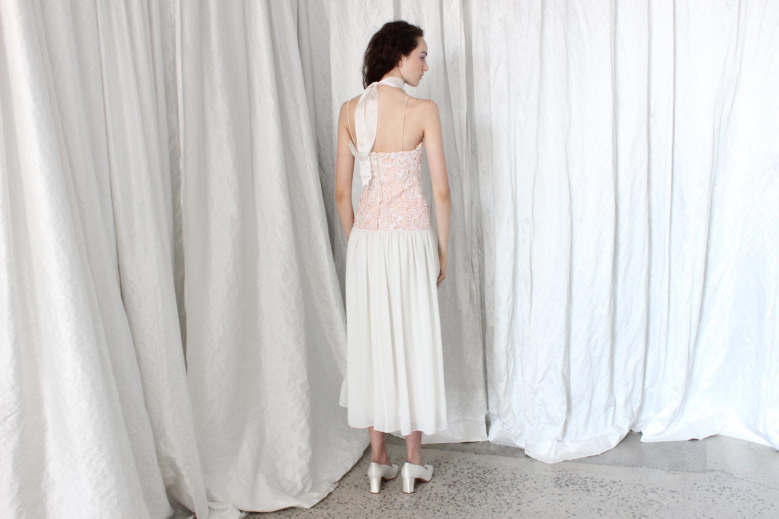 80s Silk & Cotton Cutwork Drop Waist Dress
