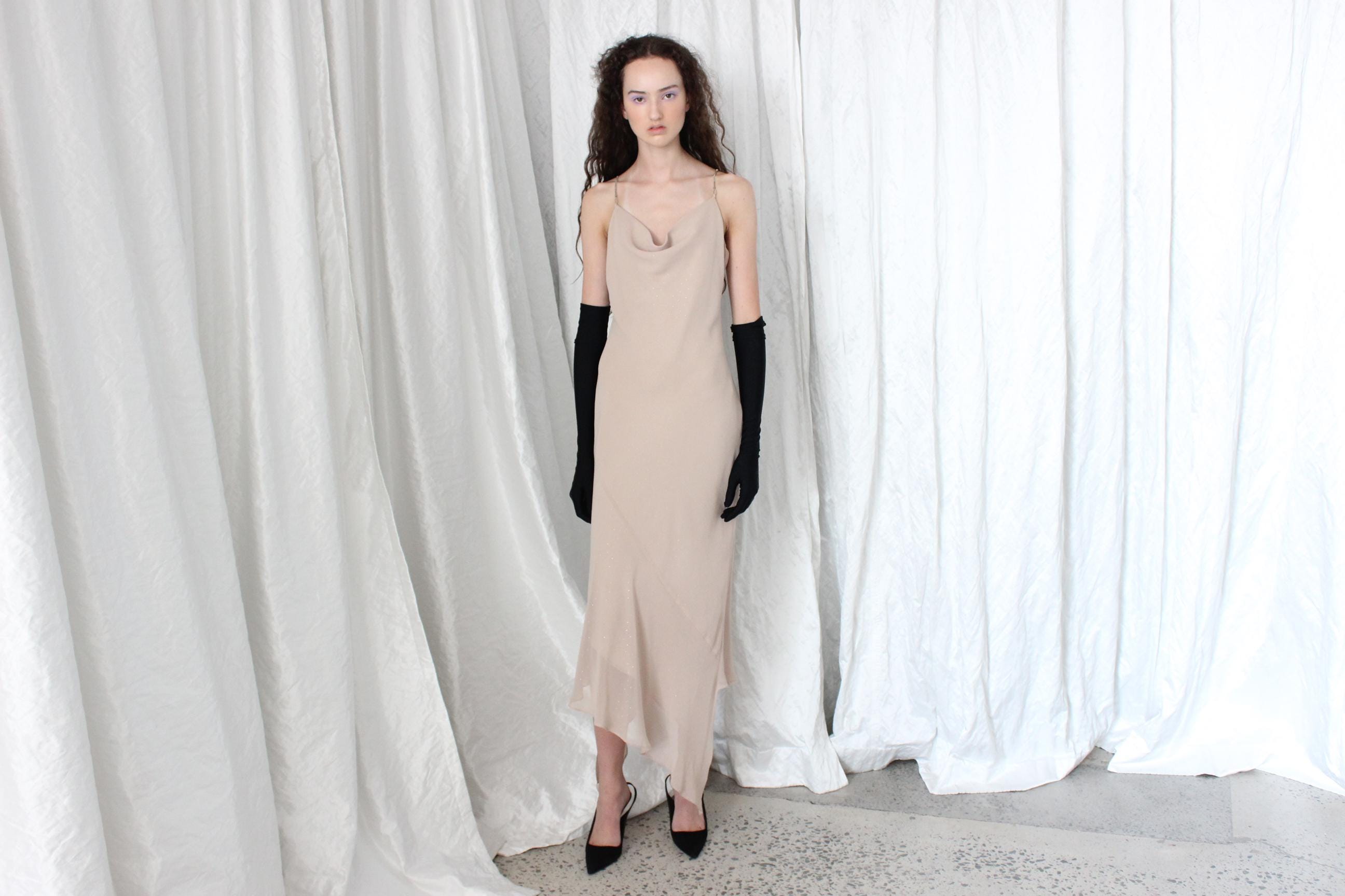 Sexy Y2K Bias Cut Asymmetric Tan Spaghetti Strap Slip