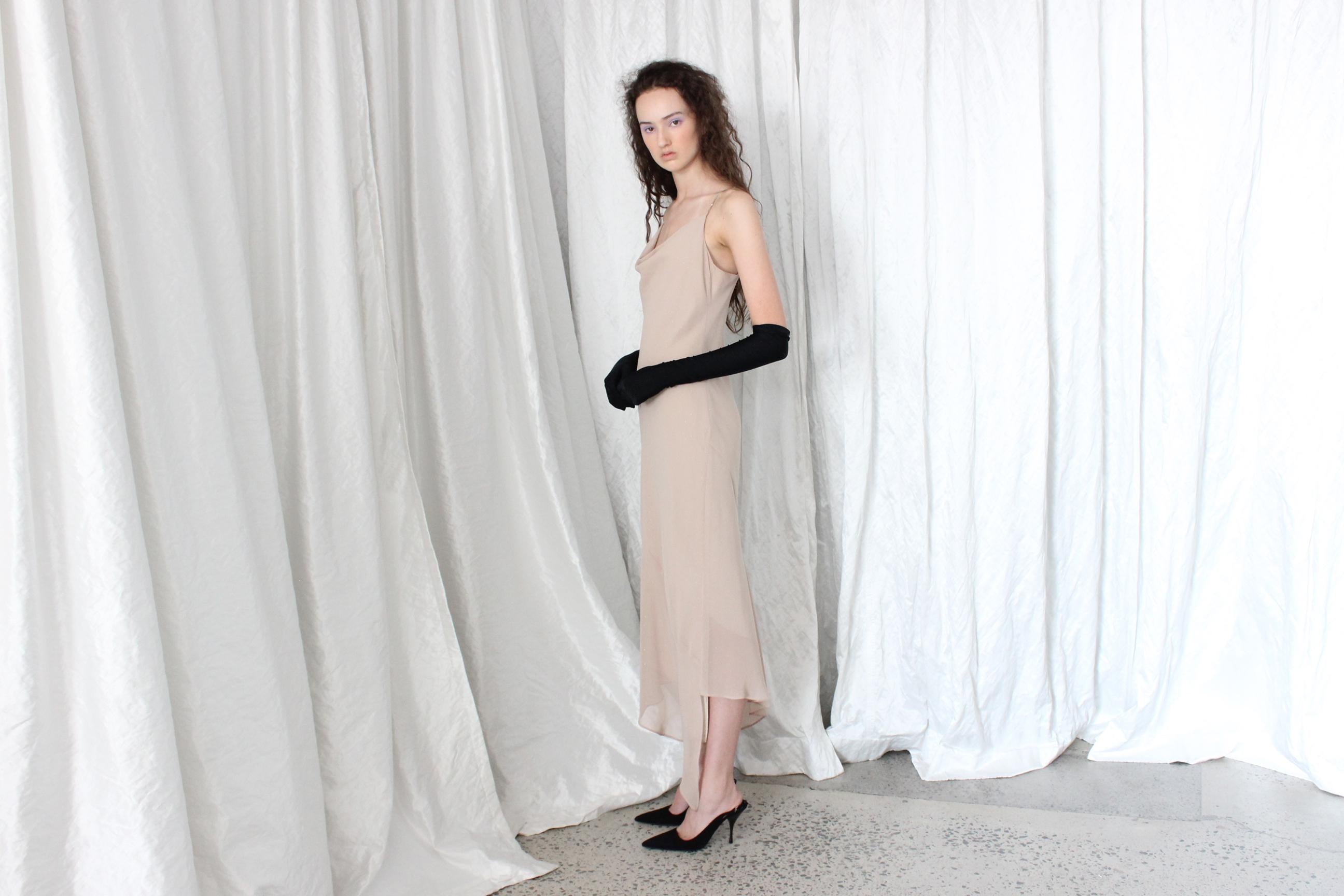 Sexy Y2K Bias Cut Asymmetric Tan Spaghetti Strap Slip